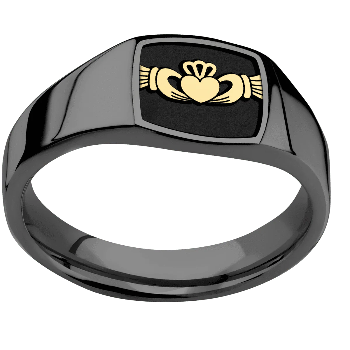 Small Cushion signet ring (10x10mm) in Zirconium, with a Wide style band, a 14K Yellow Gold inlay and a Claddagh 4 engraving. - Image 3