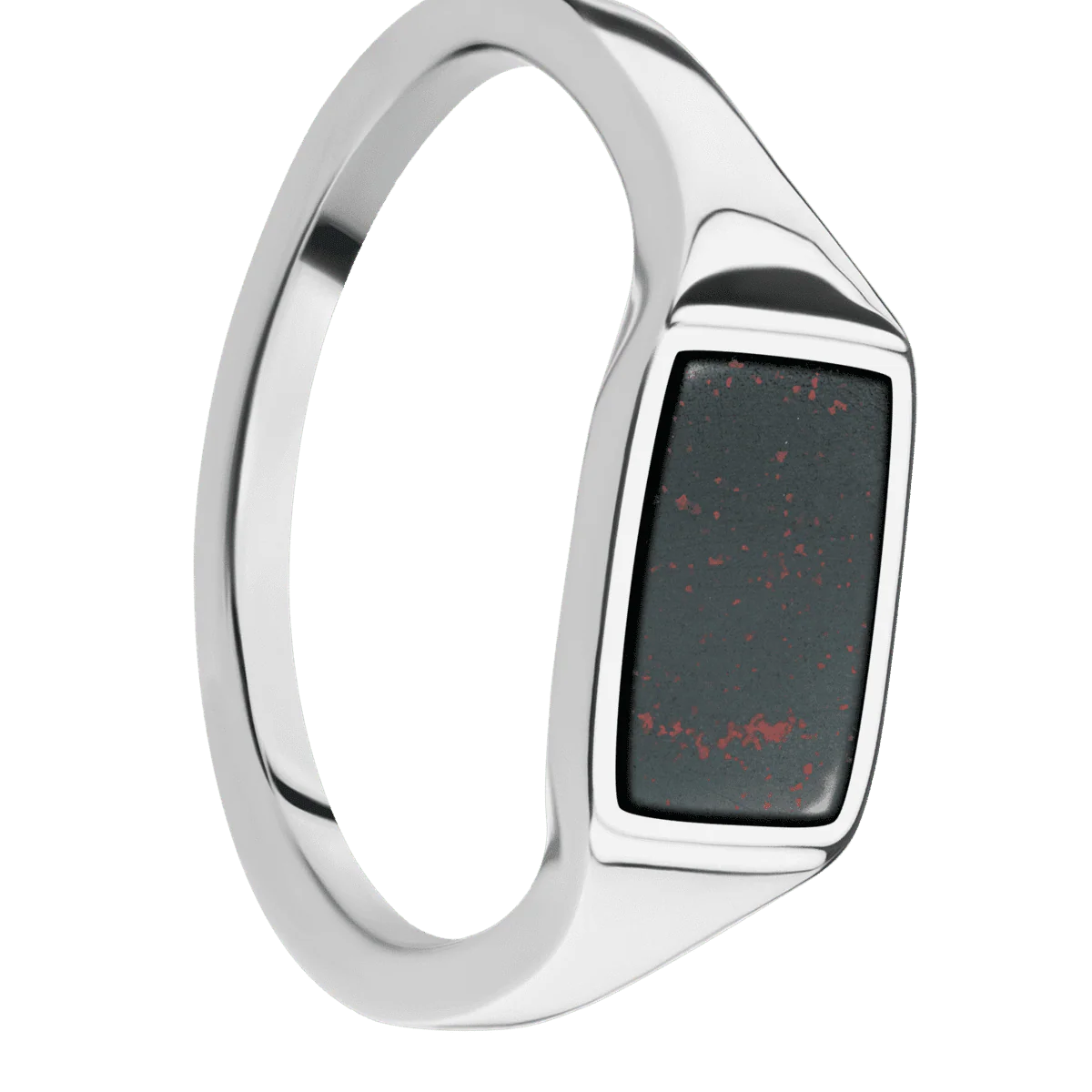 Small Horizontal Rectangle signet ring (12x9mm) in Palladium Silver, with a Thin style band, a Blood Stone inlay.
