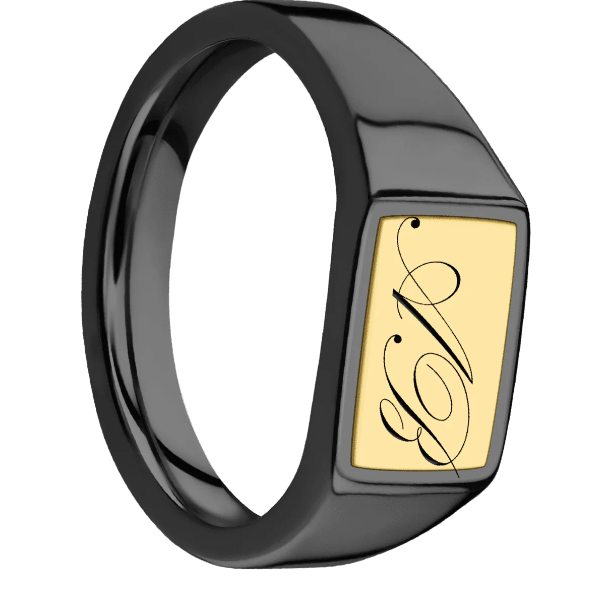 Small Horizontal Rectangle signet ring (12x9mm) in Zirconium, with a Wide style band, a 18K Yellow Gold inlay and a Kunstler Script 2 engraving.