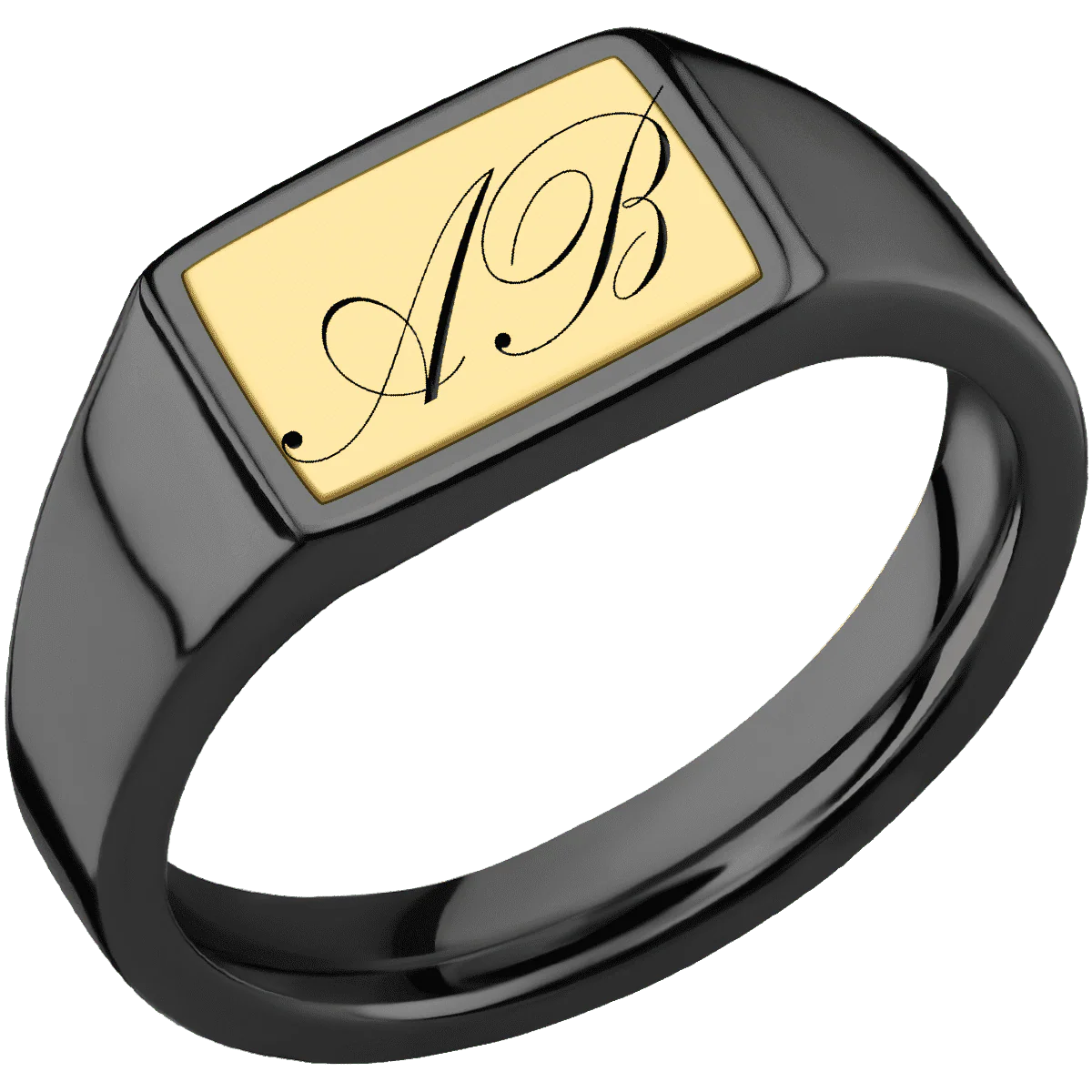 Small Horizontal Rectangle signet ring (12x9mm) in Zirconium, with a Wide style band, a 18K Yellow Gold inlay and a Kunstler Script 2 engraving. - Image 2