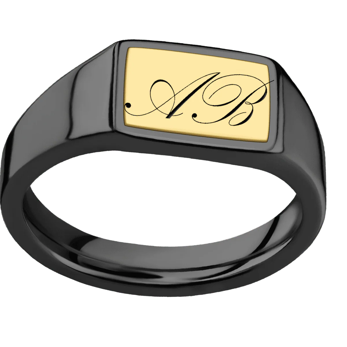 Small Horizontal Rectangle signet ring (12x9mm) in Zirconium, with a Wide style band, a 18K Yellow Gold inlay and a Kunstler Script 2 engraving. - Image 3