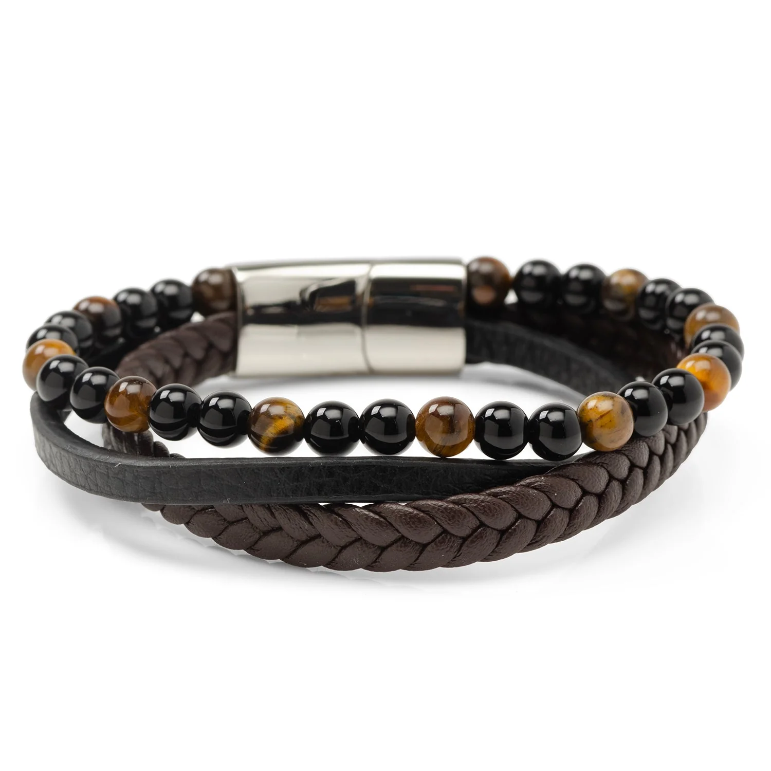 Stainless Steel Stacked Brown Leather Bracelet with Tigers Eye - Image 2