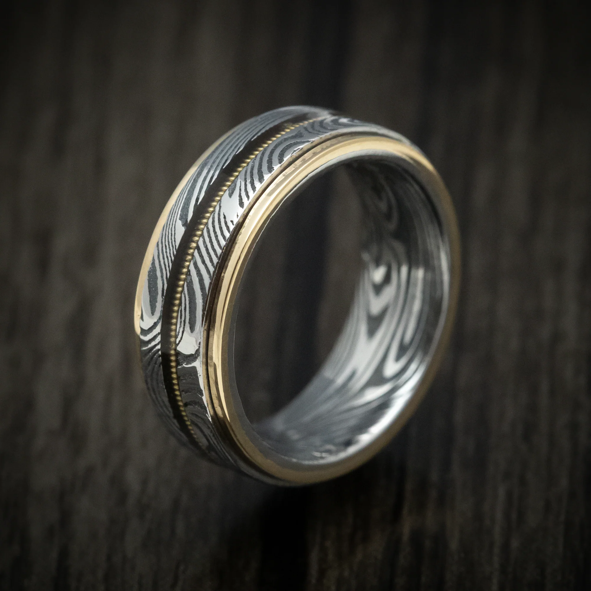 Sunset Kuro Damascus Steel and Guitar String Men's Ring with Gold Edges Custom Made - Image 4