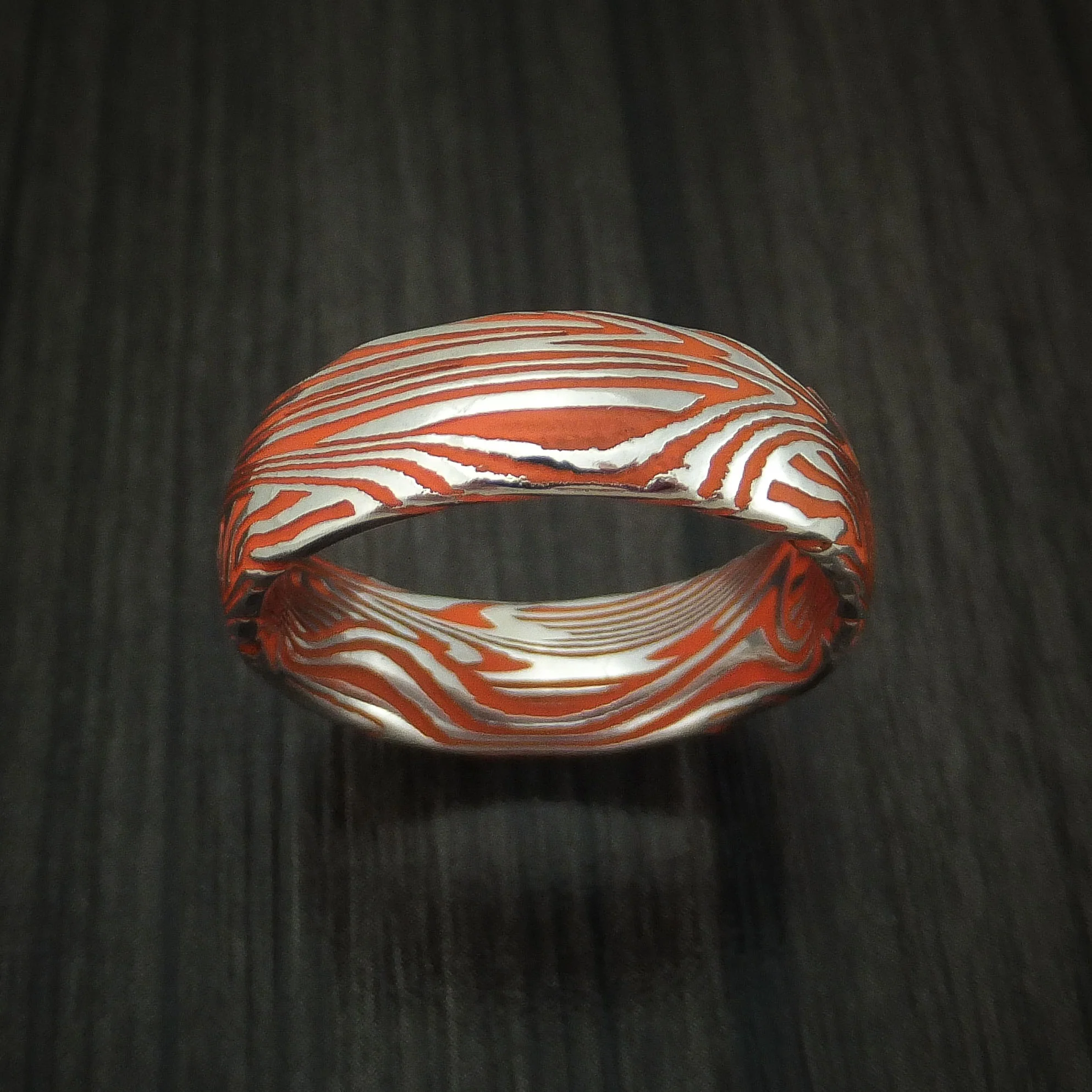 Sunset Kuro Damascus Steel and Hunter Orange Cerakote Men's Ring Custom Made Band - Image 2