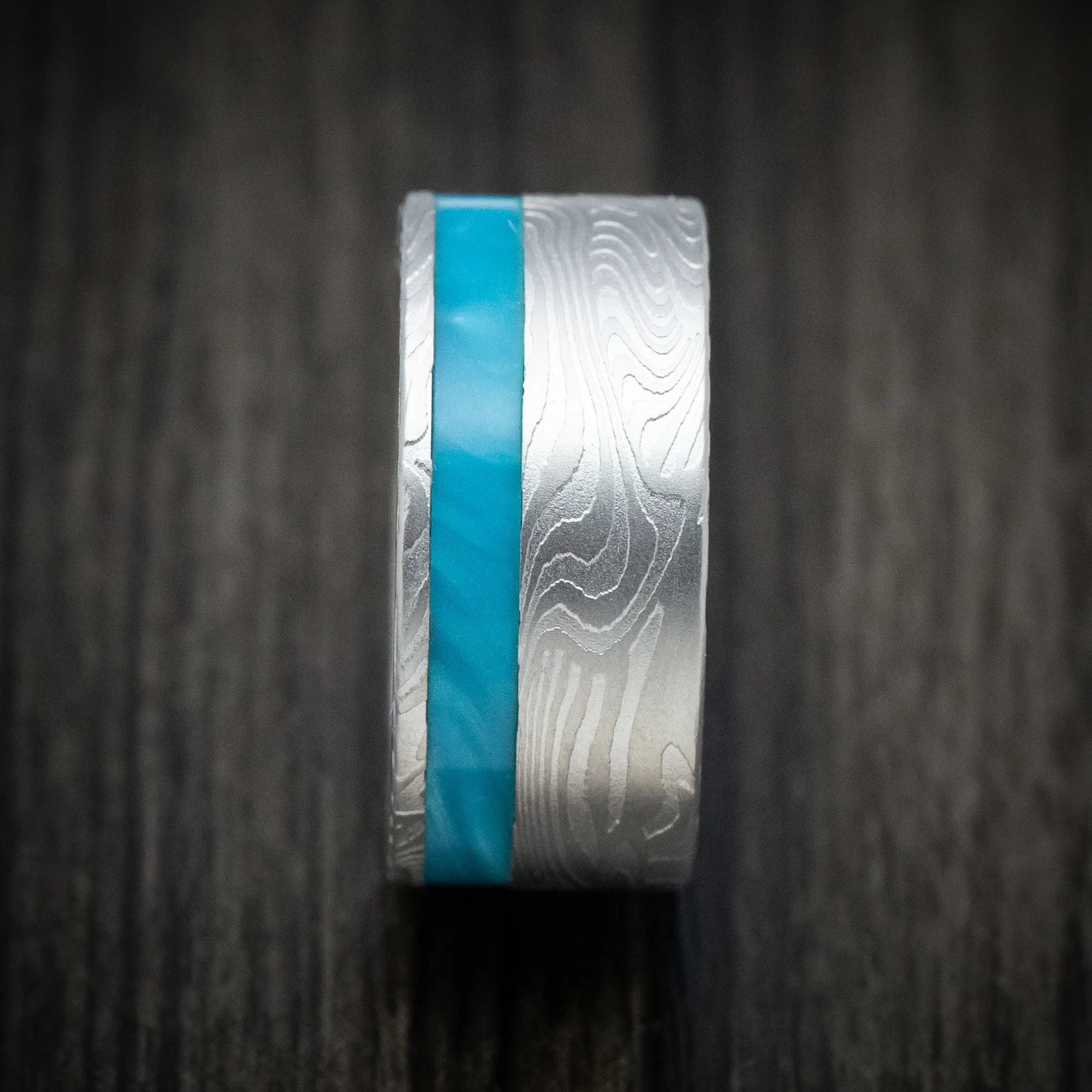 Sunset Kuro Damascus Steel and Juma Inlay Men's Ring Custom Made Band - Image 3