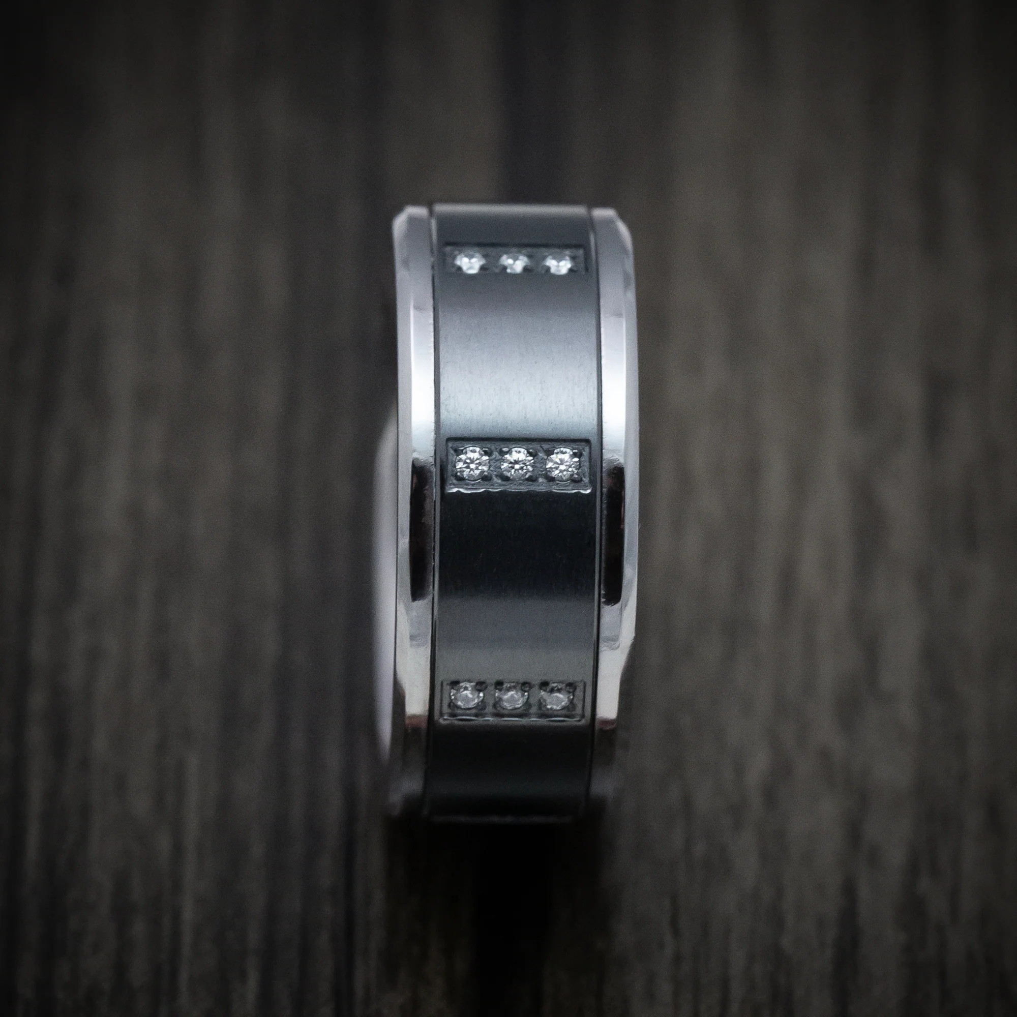 Tantalum Band with Black Titanium Inlay and Diamonds Custom Made Men's Ring - Image 3