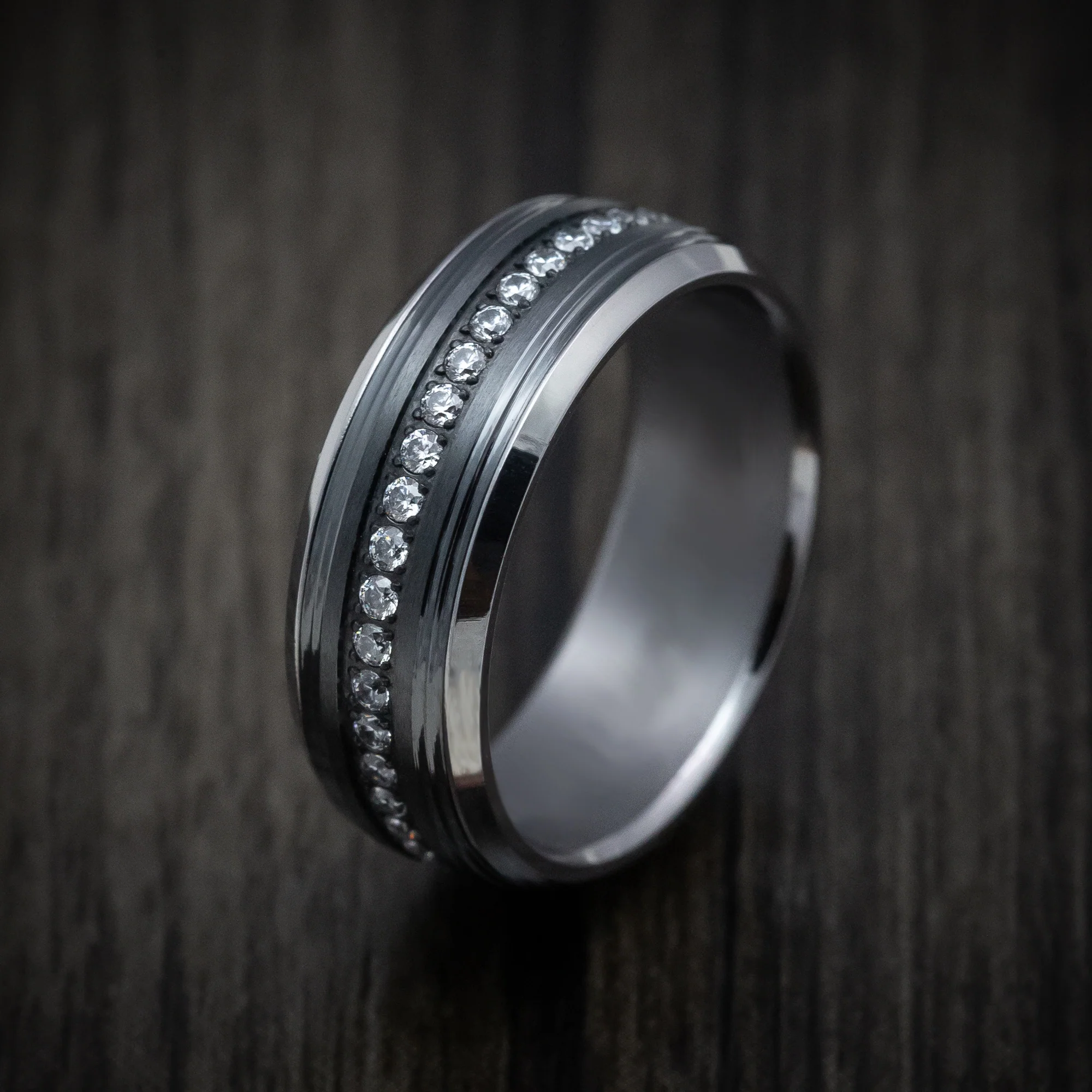 Tantalum Band with Black Titanium Inlay and Diamonds Custom Made Men's Ring - Image 4