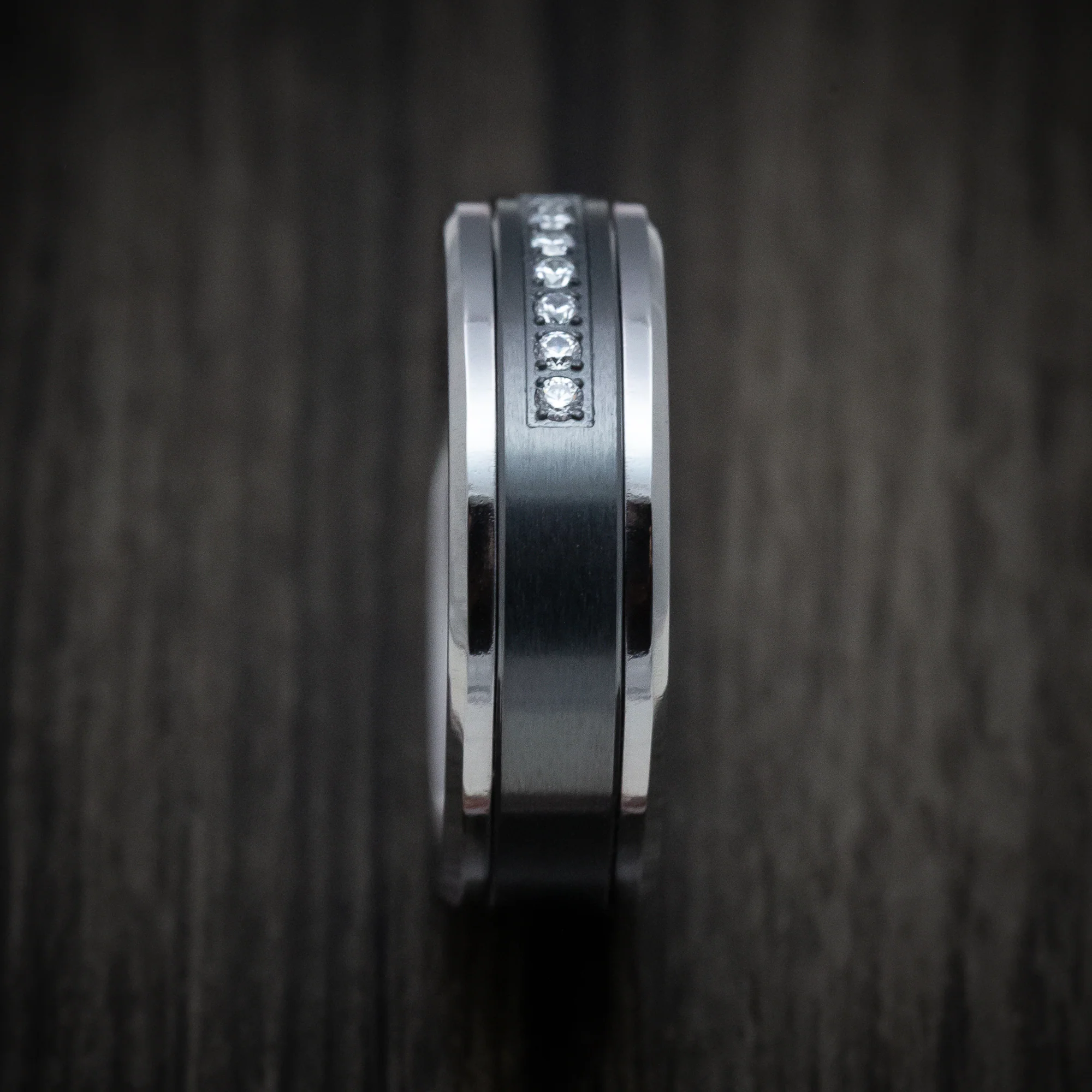 Tantalum Band with Black Titanium Inlay and Diamonds Custom Made Men's Ring - Image 3