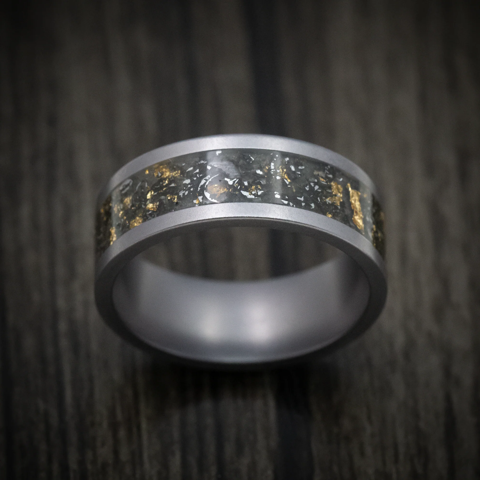 Tantalum Men's Ring with Black Sand with Gold and Meteorite Flakes Inlay - Image 2