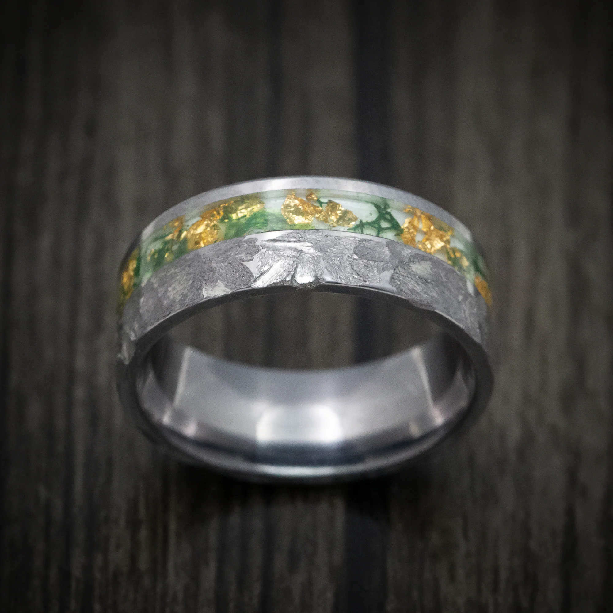Tantalum Men's Ring with Moss and Gold Flakes Inlay - Image 2