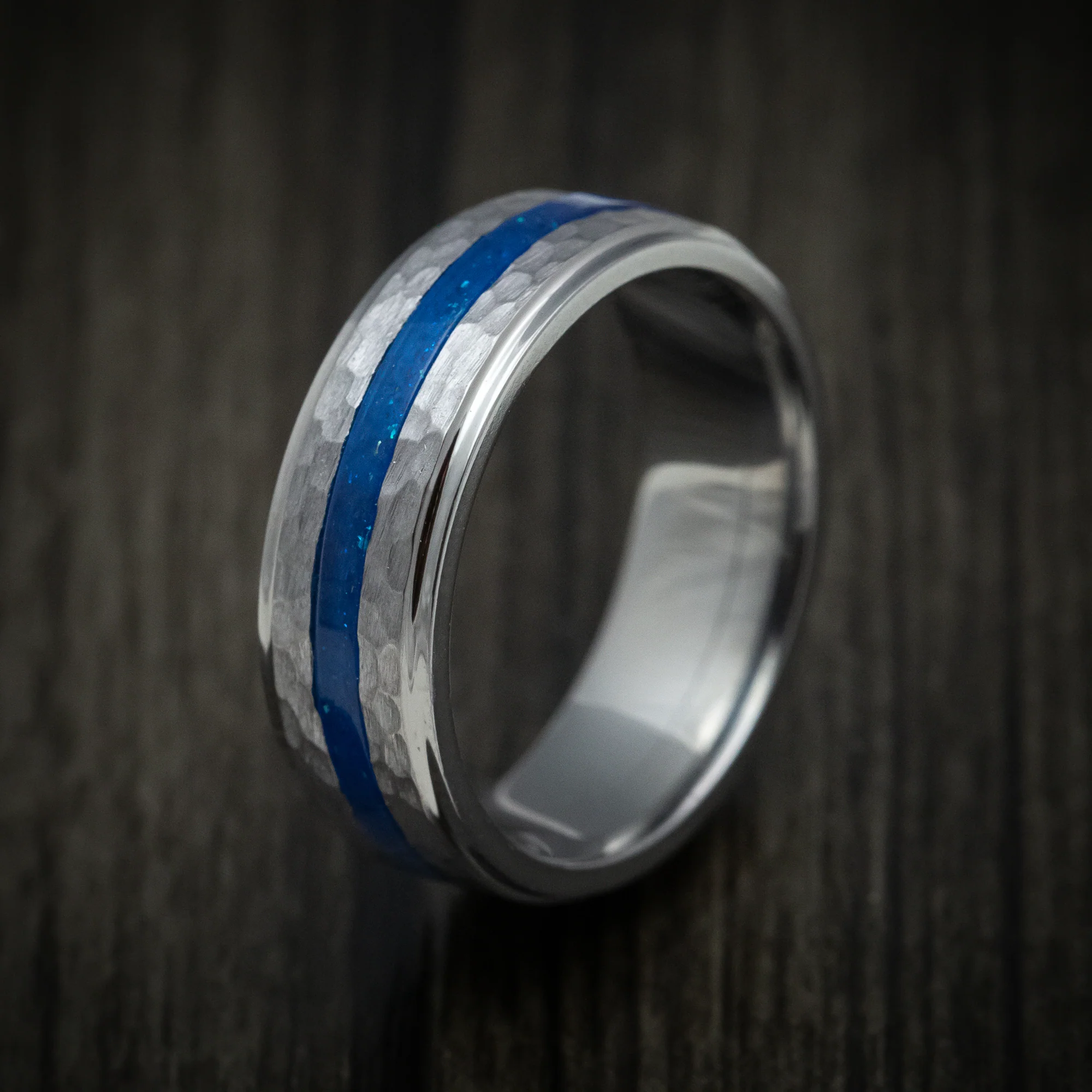 Tantalum Men's Ring with DiamondCast Inlay Custom Made Hammered Band - Image 4