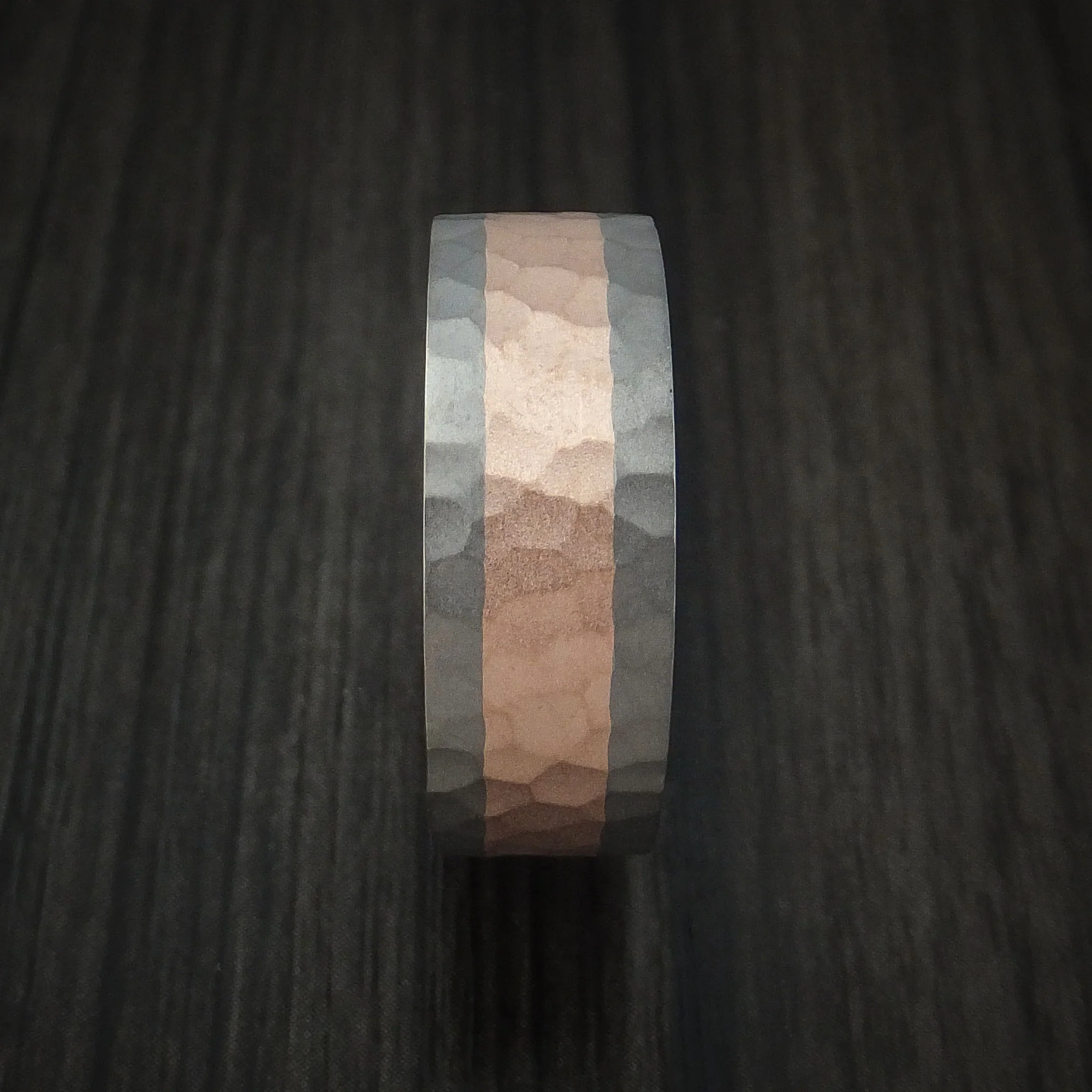 Titanium and 14K Rose Gold Men's Ring Hammered Band Custom Made - Image 3