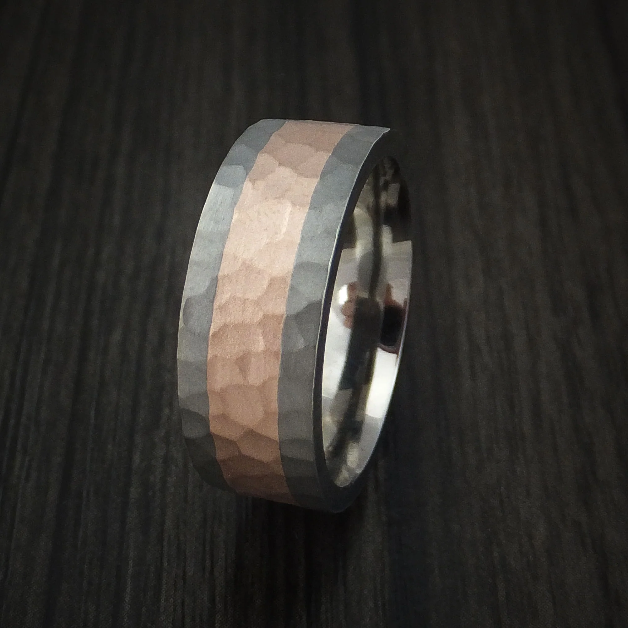 Titanium and 14K Rose Gold Men's Ring Hammered Band Custom Made - Image 4
