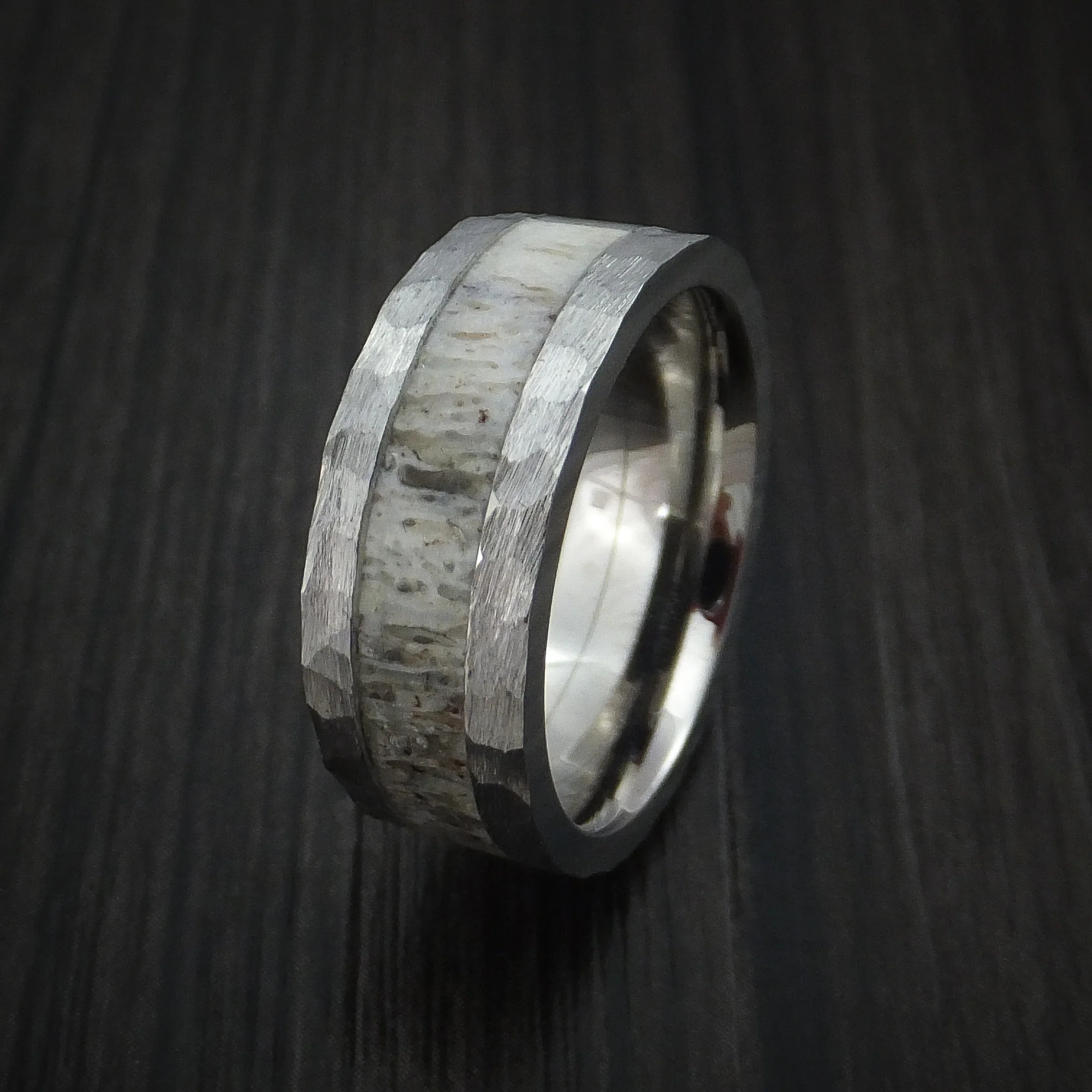 Titanium and Antler Hammered Men's Ring Custom Made Band - Image 4