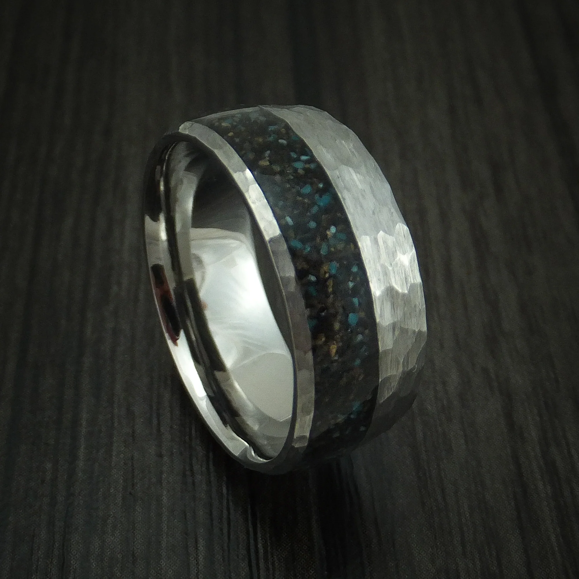 Titanium And Black Dinosaur Bone with Turquoise Men's Ring Custom Made Fossil Band