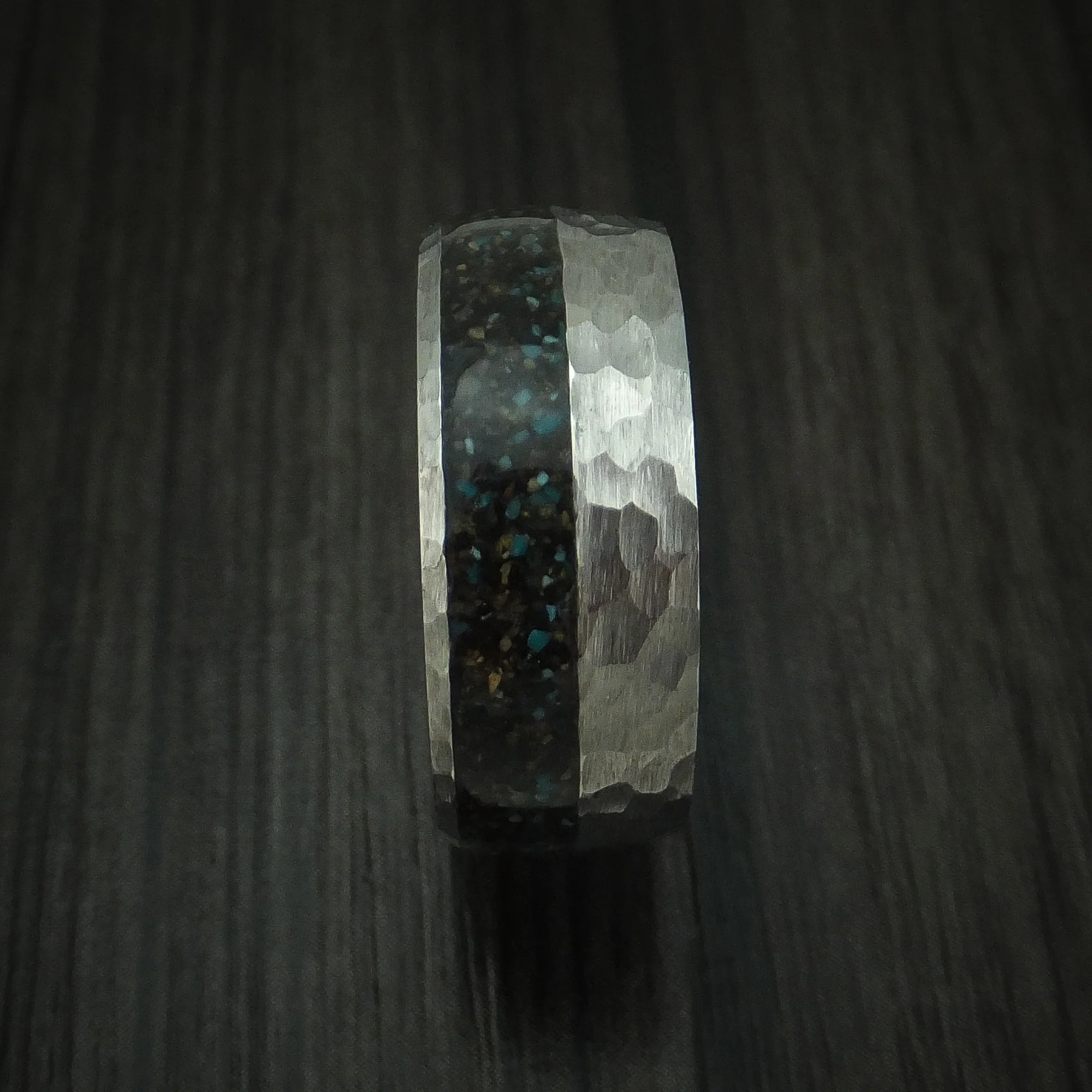 Titanium And Black Dinosaur Bone with Turquoise Men's Ring Custom Made Fossil Band - Image 3