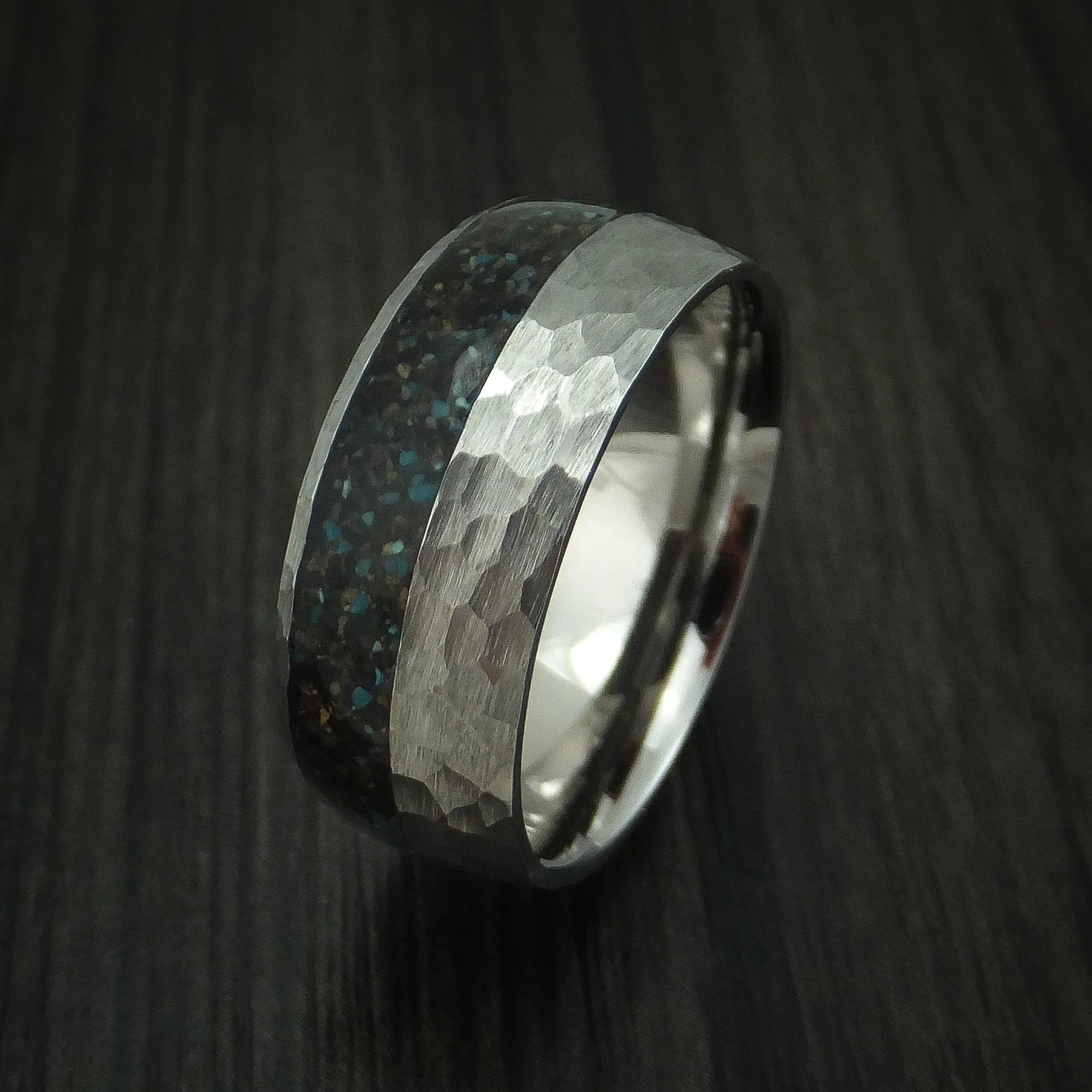 Titanium And Black Dinosaur Bone with Turquoise Men's Ring Custom Made Fossil Band - Image 4