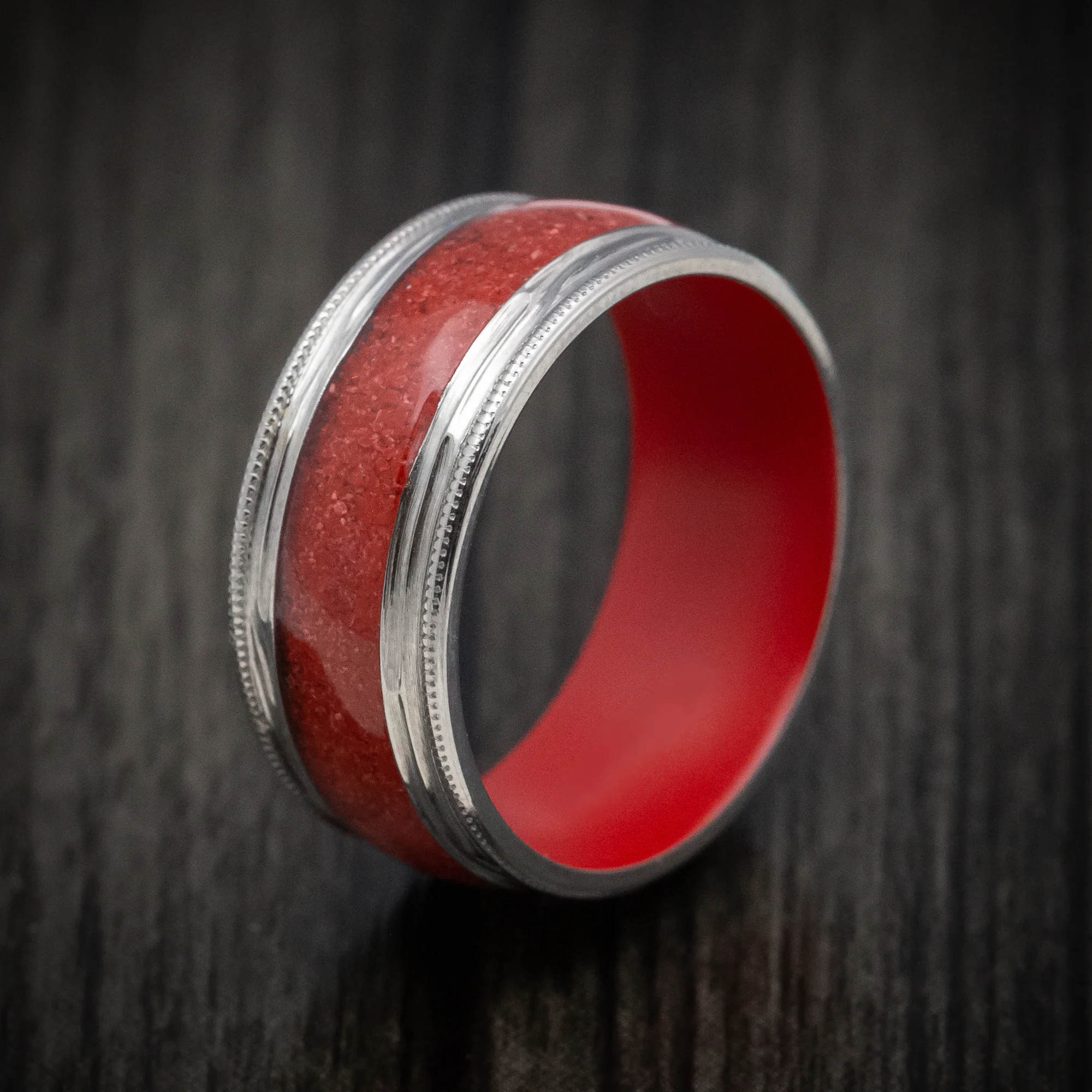 Titanium and Coral Men's Ring with Cerakote Sleeve Custom Made - Image 4