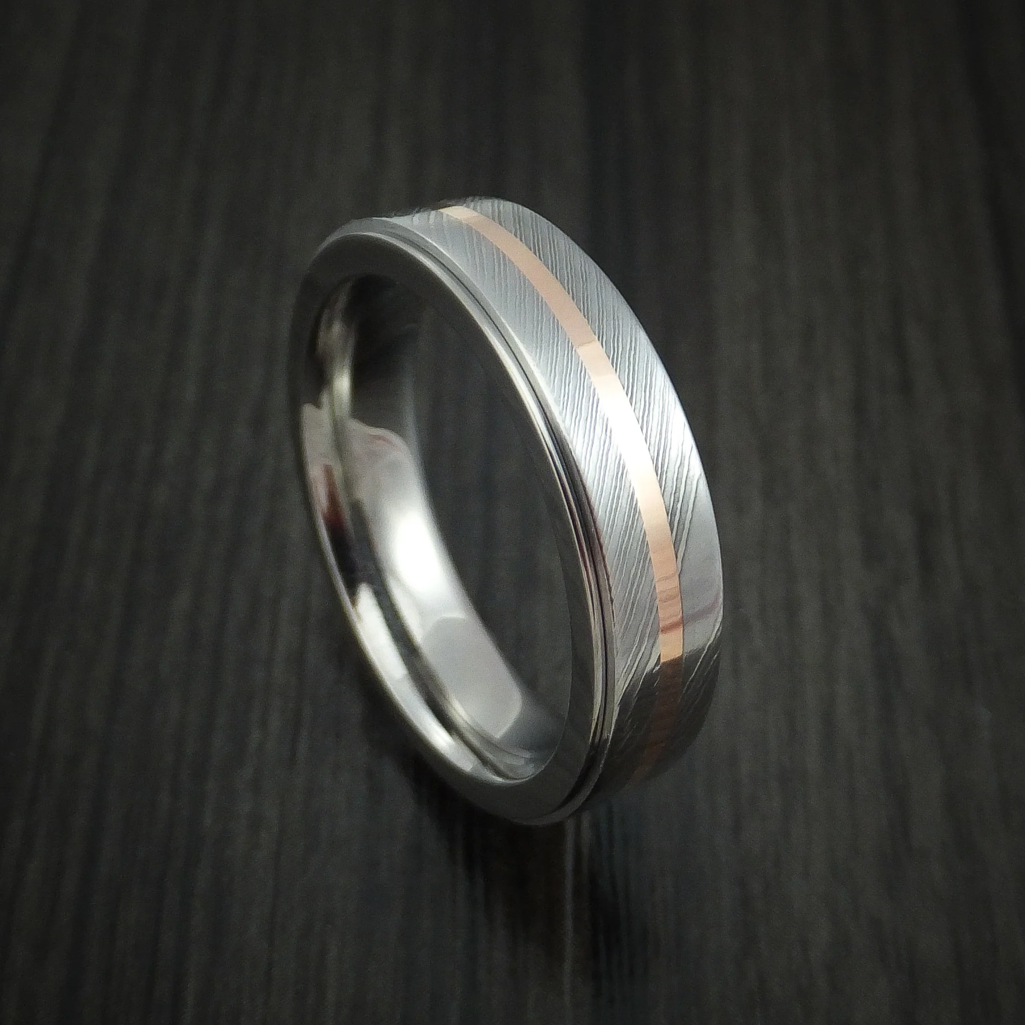 Titanium and Damascus Steel Spinner Men's Ring with 14k Rose Gold Custom Made Band