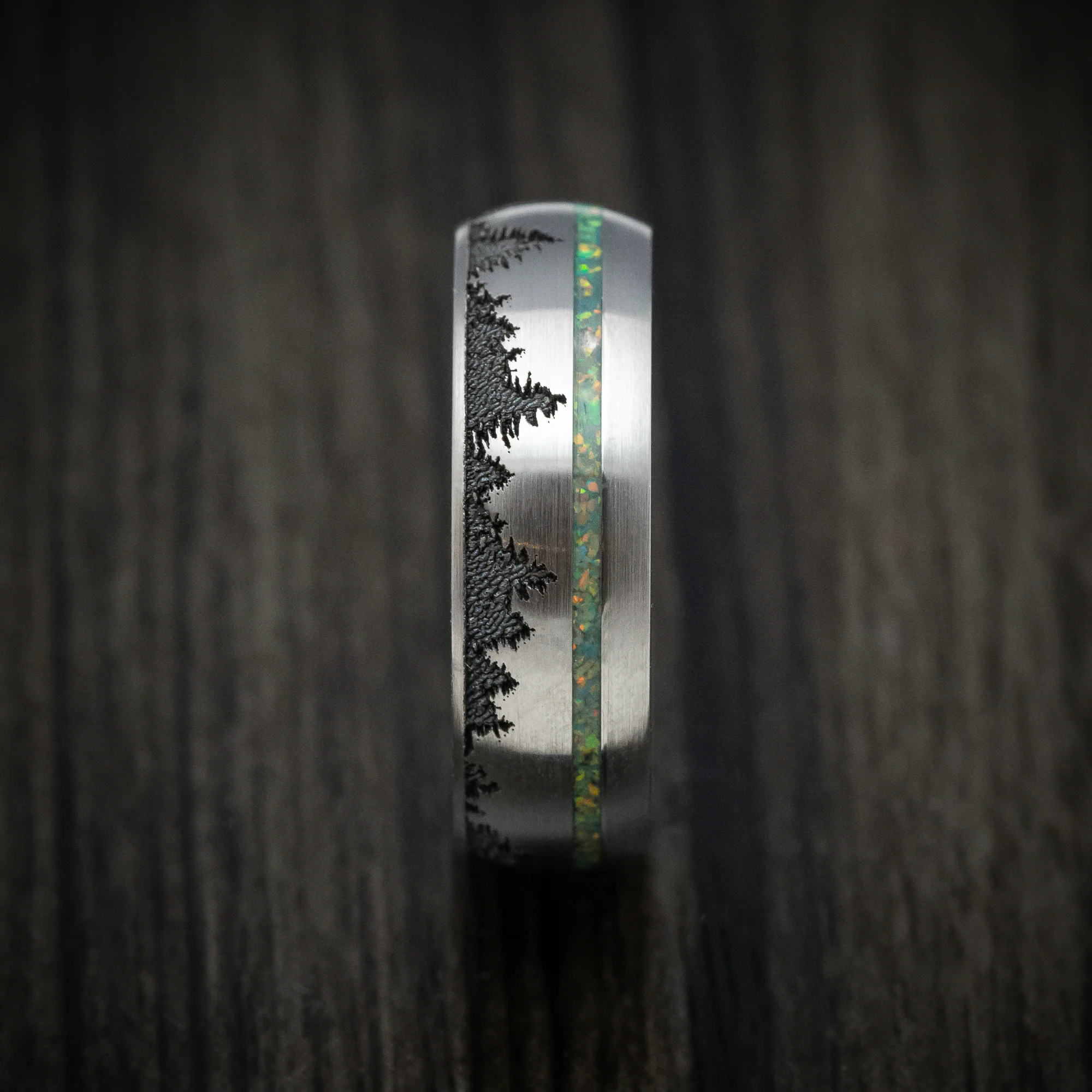Titanium and Opal Men's Ring with Tree Design and Wood Sleeve Custom Made Band - Image 3