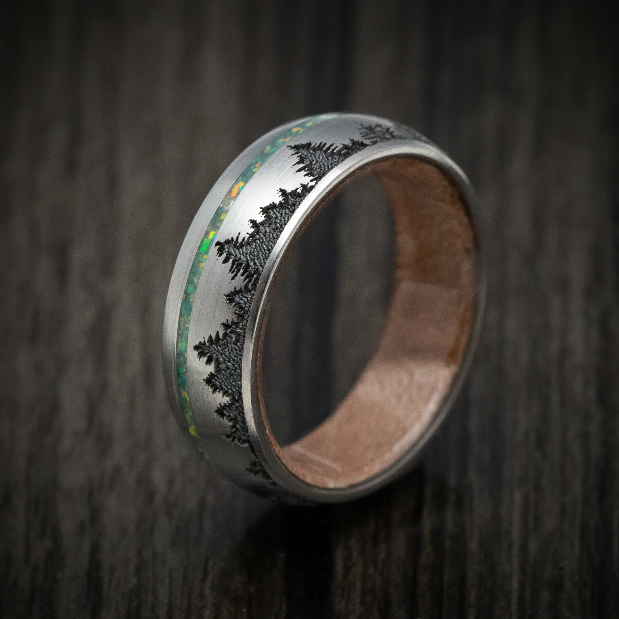 Titanium and Opal Men's Ring with Tree Design and Wood Sleeve Custom Made Band - Image 4