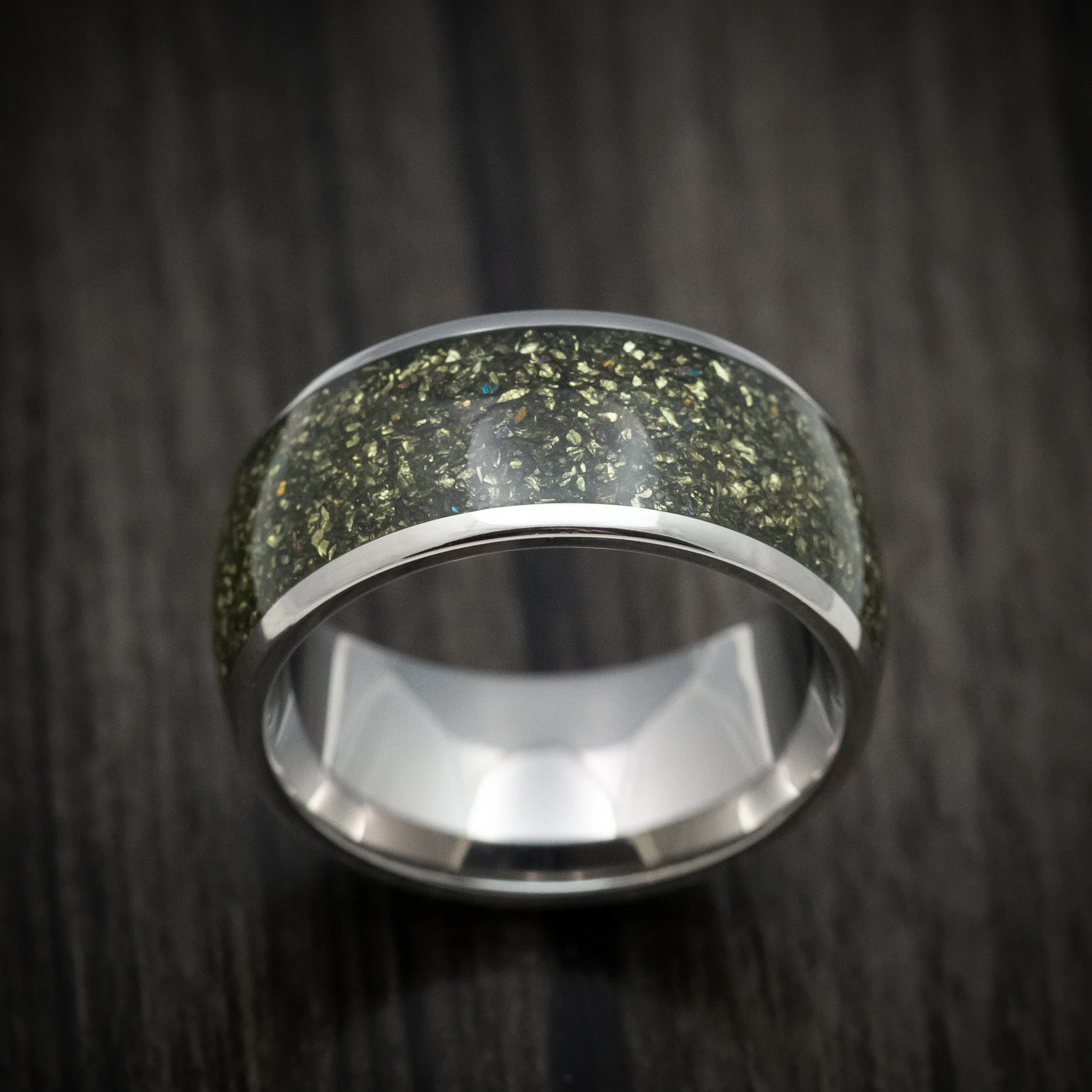 Titanium and Pyrite Men's Ring Custom Made Stone Inlay Band - Image 2