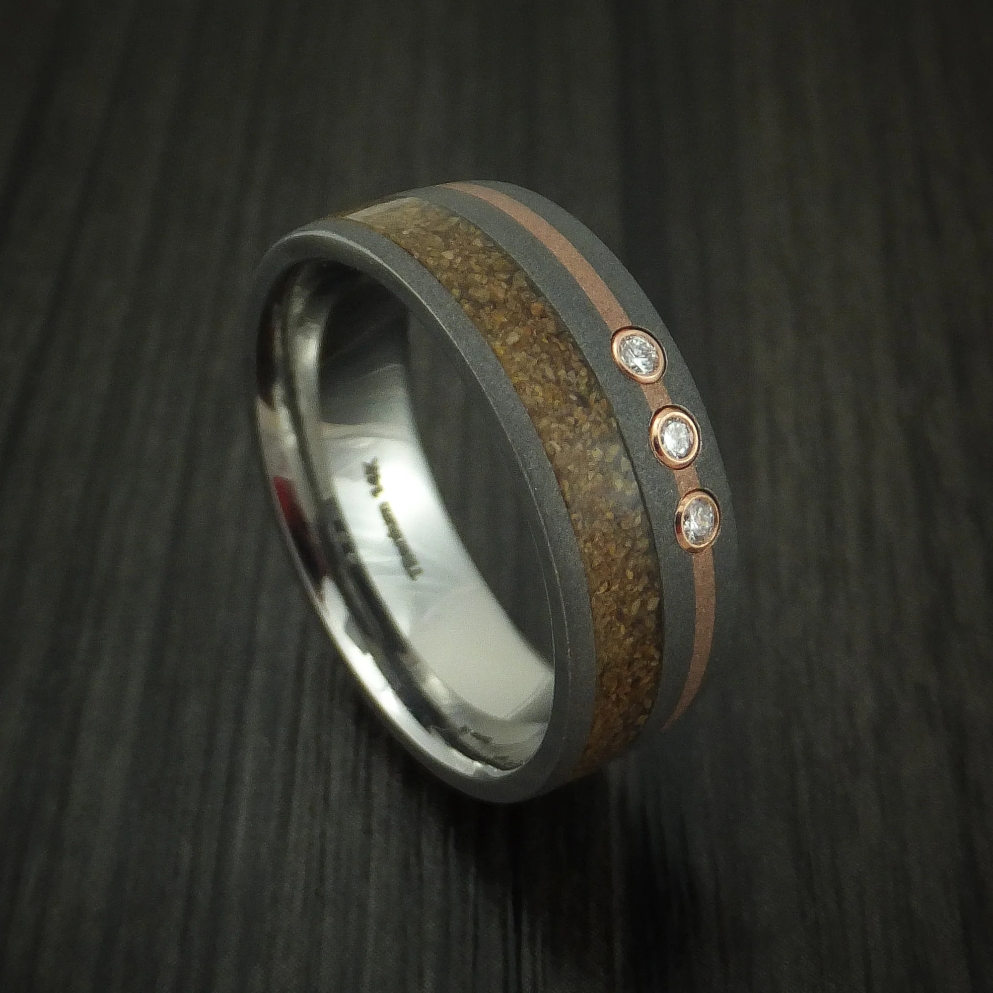 Titanium And Tan Dinosaur Bone Men's Ring With 14K Rose Gold and Diamonds Custom Made Fossil Band