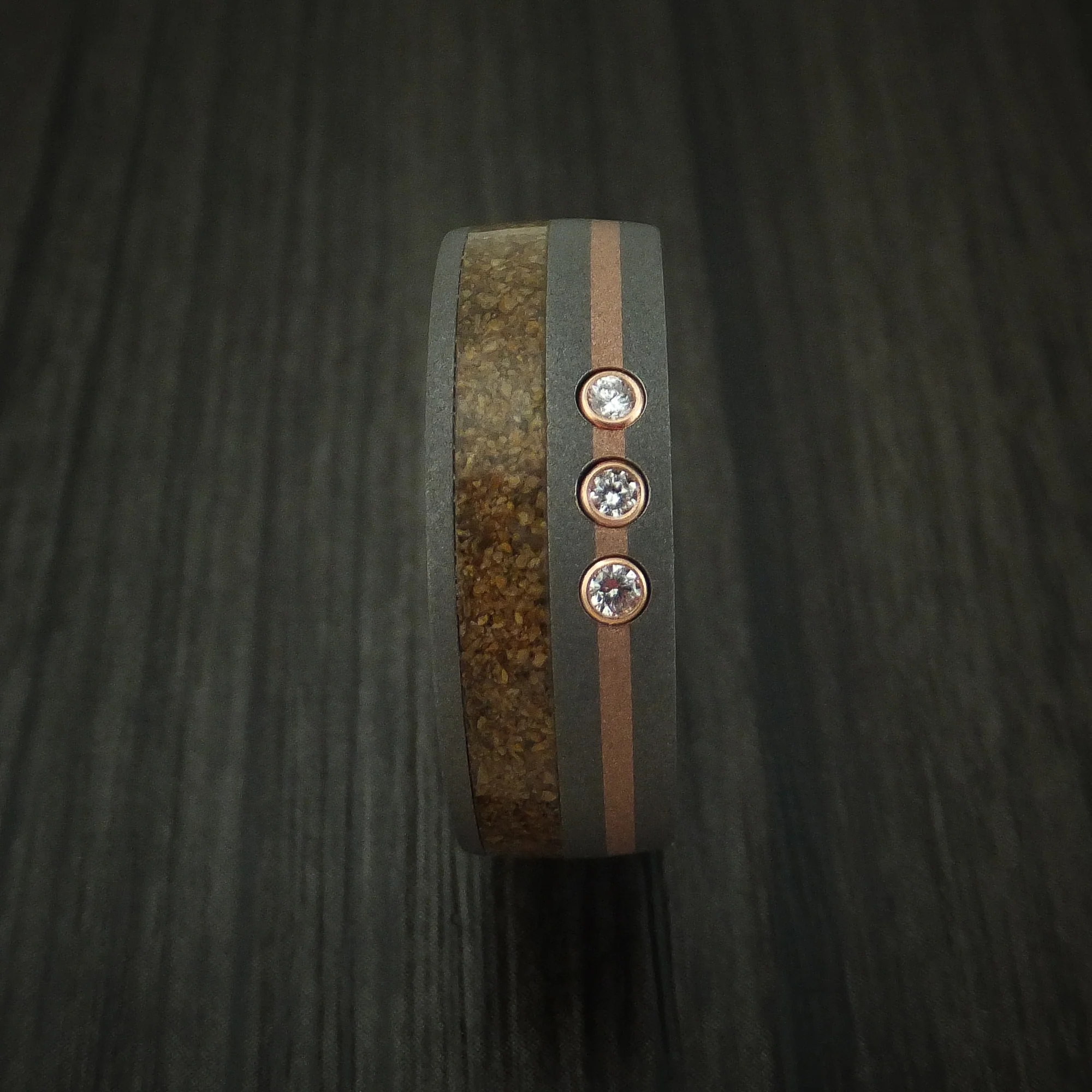 Titanium And Tan Dinosaur Bone Men's Ring With 14K Rose Gold and Diamonds Custom Made Fossil Band - Image 3
