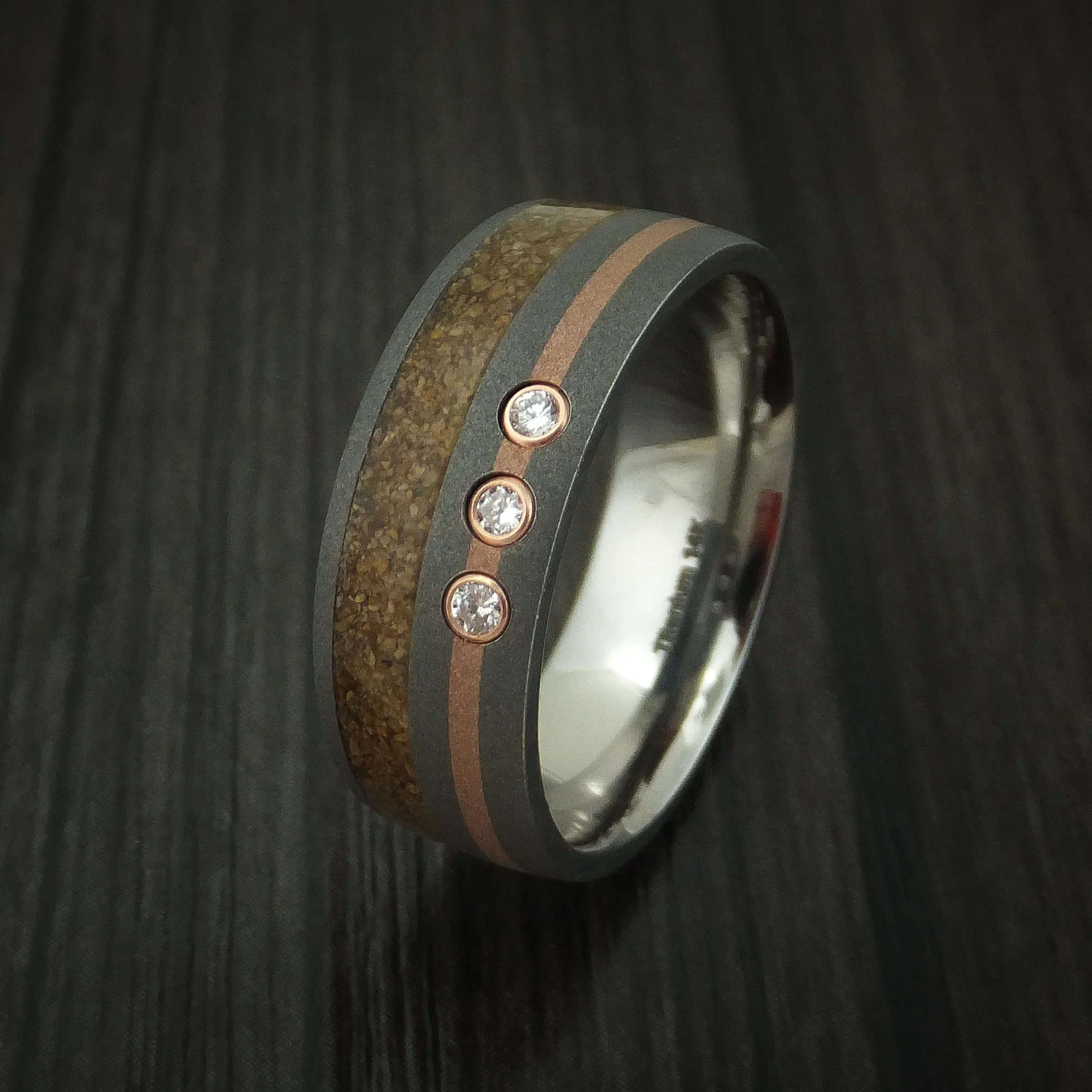 Titanium And Tan Dinosaur Bone Men's Ring With 14K Rose Gold and Diamonds Custom Made Fossil Band - Image 4