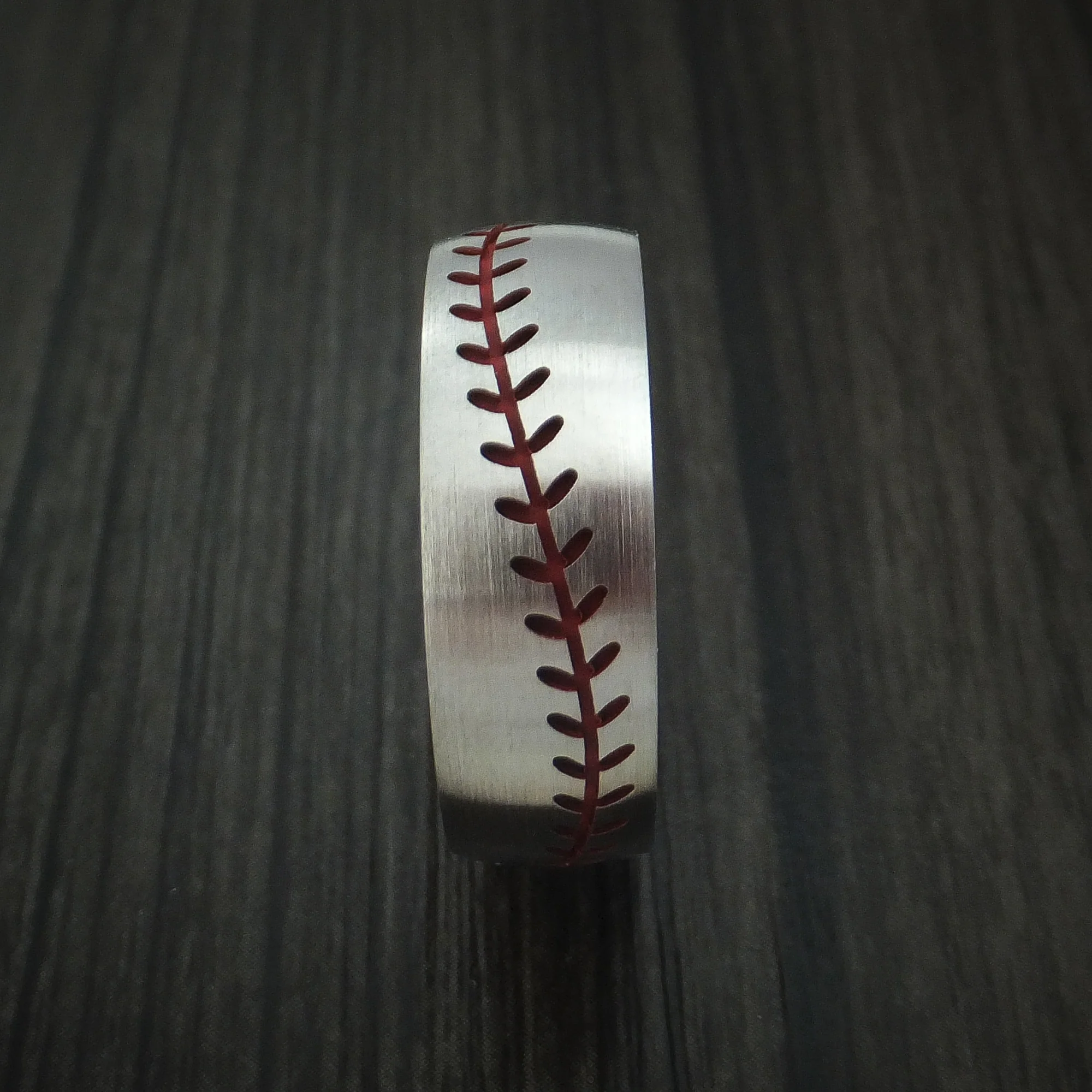 Titanium Baseball Men's Ring with Red Stitching and Wood Sleeve Fan Band - Image 3