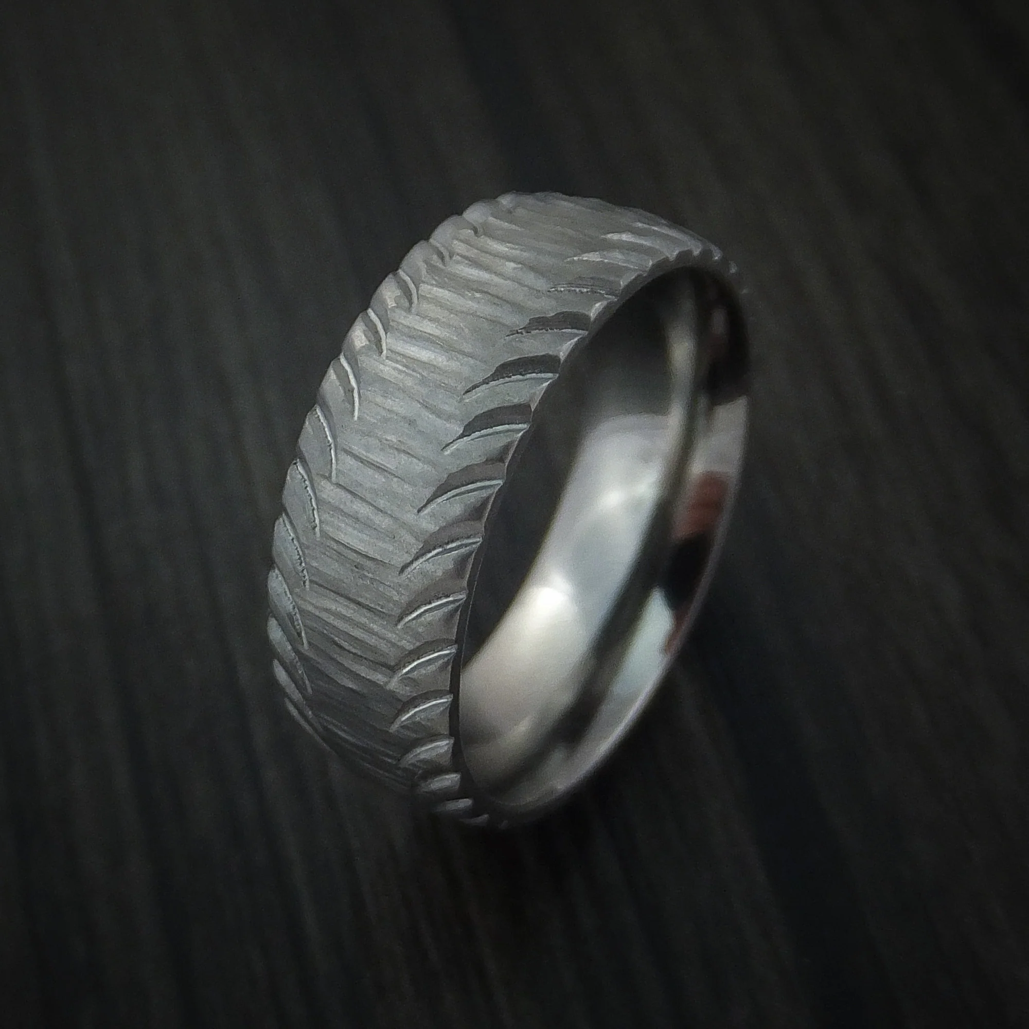 Titanium Carved Tread Design Men's Ring Bold Unique Band Custom Made - Image 3