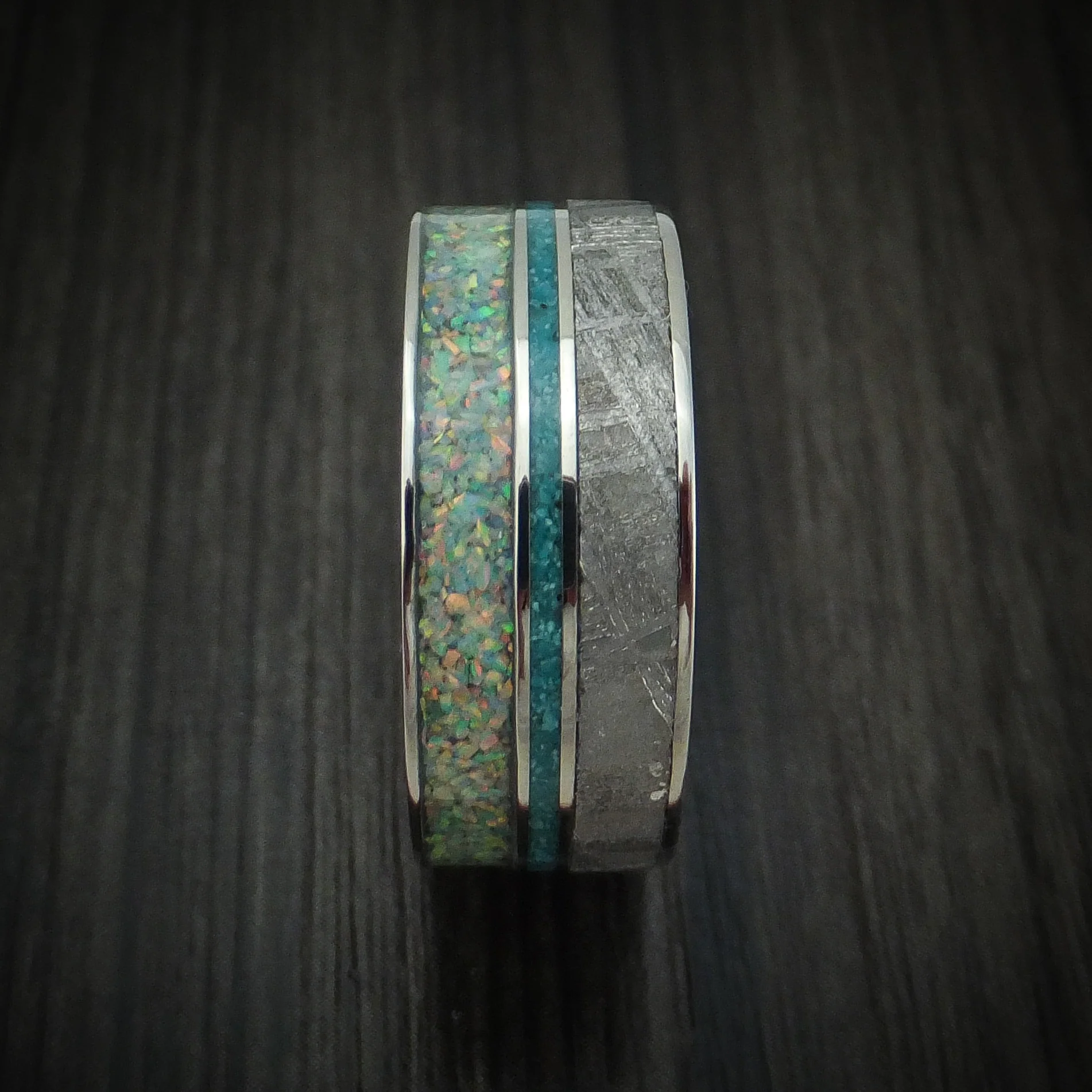 Titanium Opal And Gibeon Meteorite Men's Ring With Turquoise Inlay Custom Made Band - Image 3
