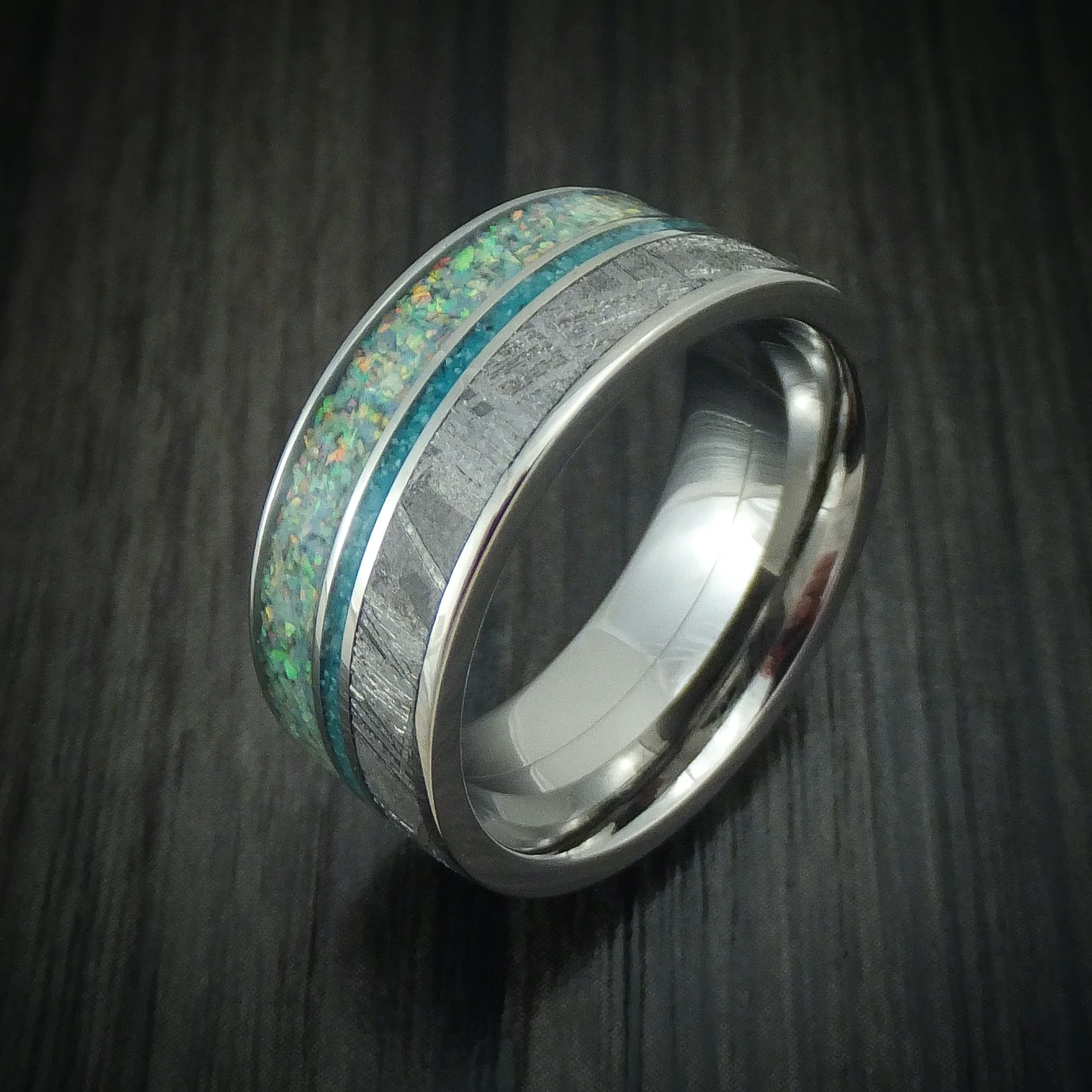 Titanium Opal And Gibeon Meteorite Men's Ring With Turquoise Inlay Custom Made Band - Image 4