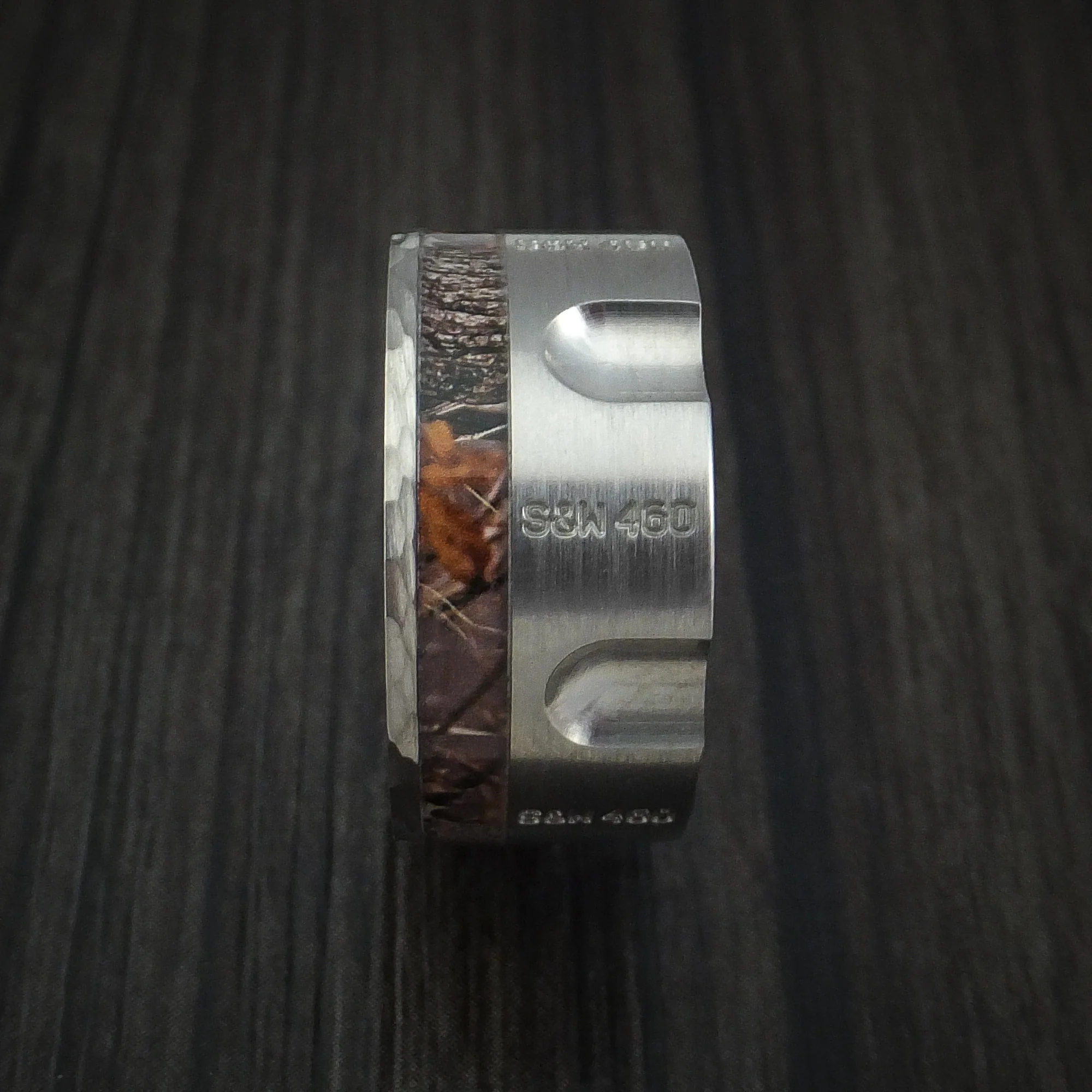 Titanium Revolver Men's Ring with Camo Inlay and Hammered Edge Custom Made Wedding Band - Image 3