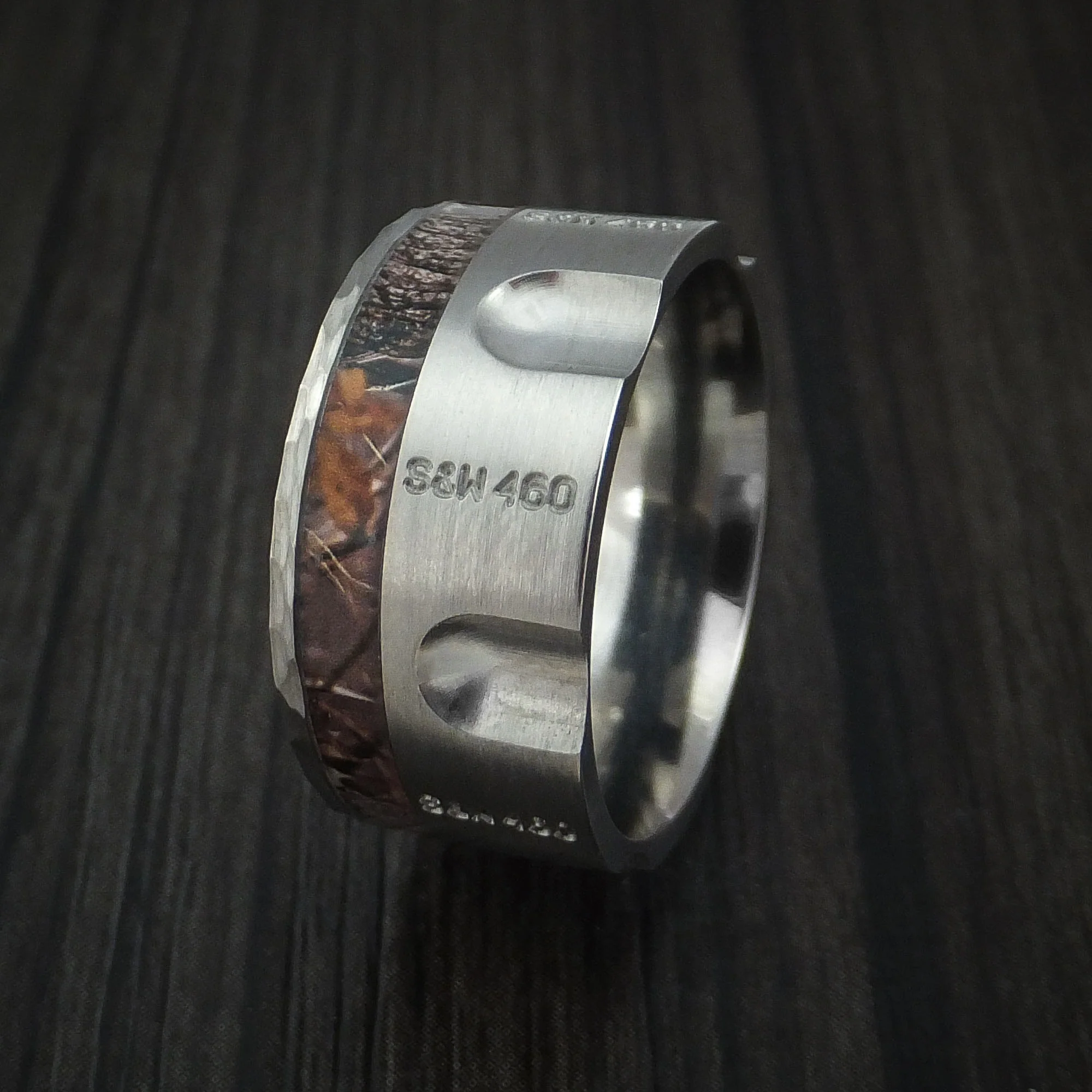 Titanium Revolver Men's Ring with Camo Inlay and Hammered Edge Custom Made Wedding Band - Image 4