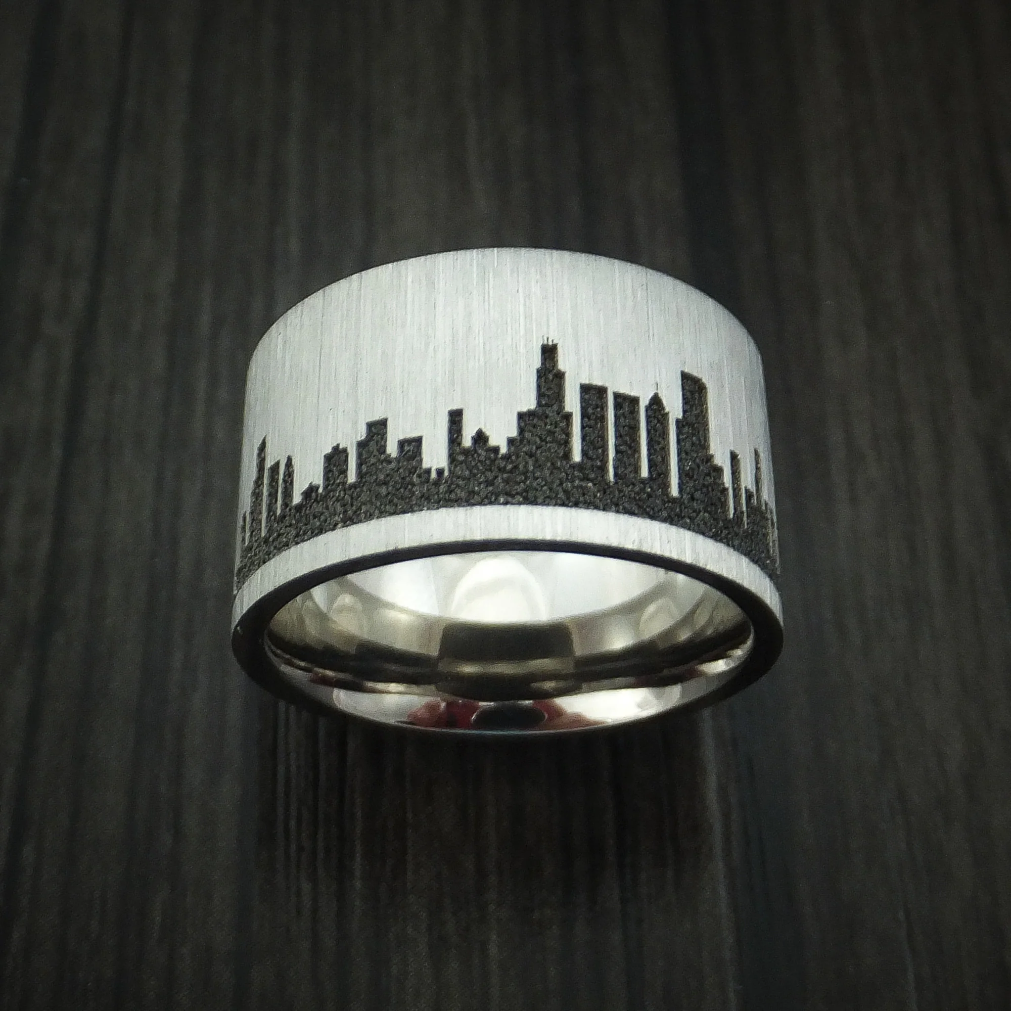 Titanium Men's Ring with Chicago Skyline Cityscape Custom Made Band - Image 2