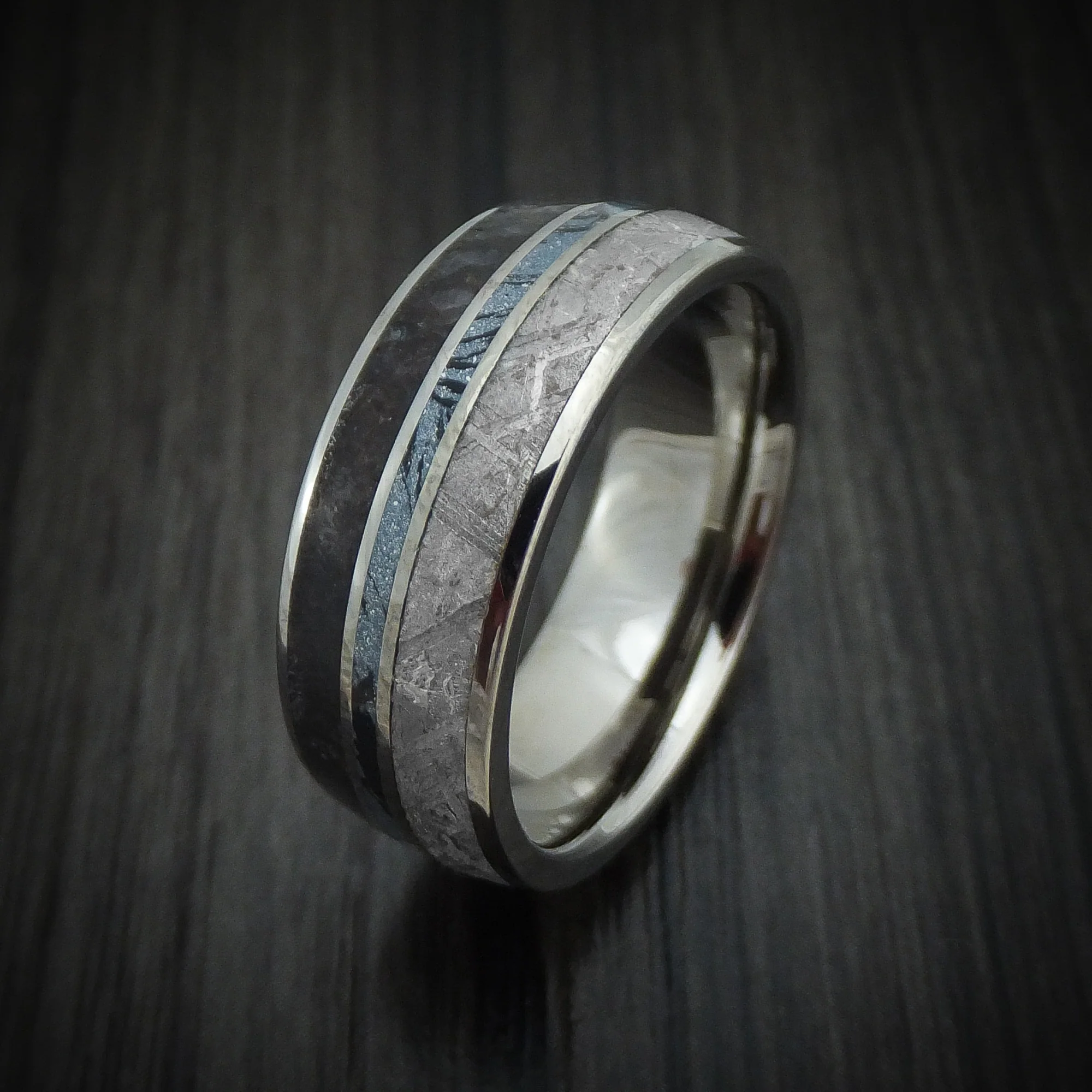 Titanium Men's Ring with Dinosaur Bone and Gibeon Meteorite and SpectraMokume Inlay Custom Made Band - Image 4
