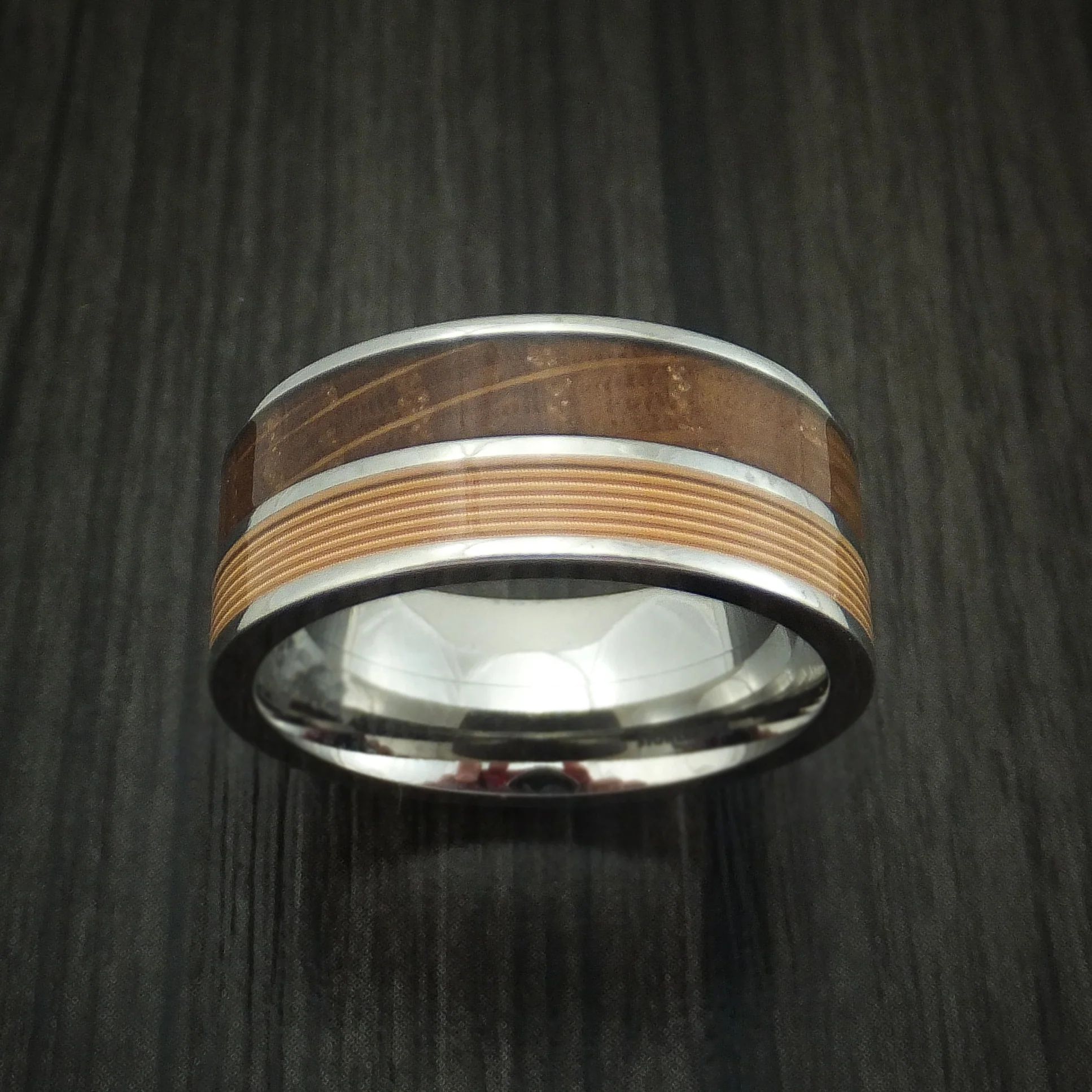 Titanium Men's Ring with Guitar String and Whiskey Barrel Wood Inlays Custom Made Band - Image 2