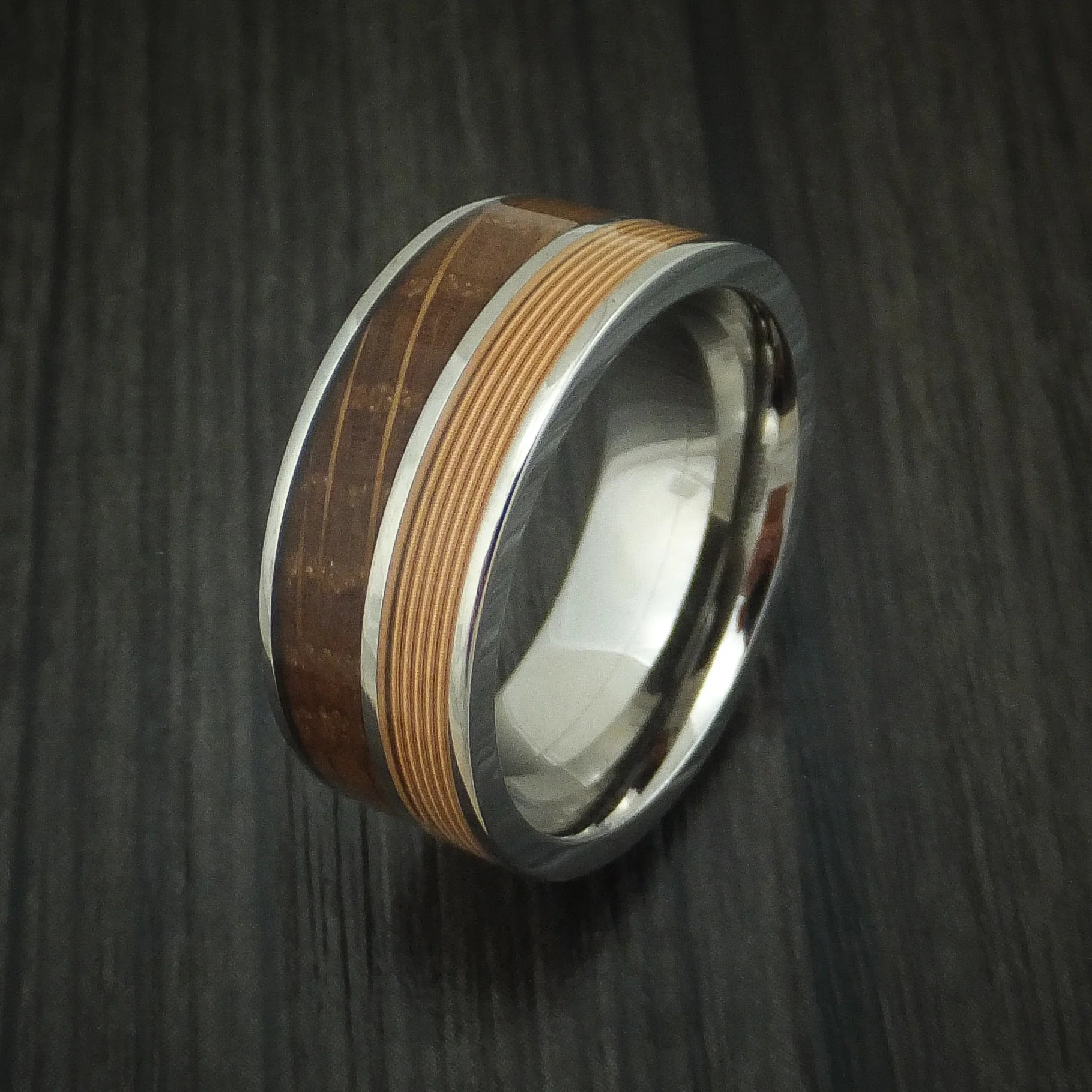 Titanium Men's Ring with Guitar String and Whiskey Barrel Wood Inlays Custom Made Band - Image 4