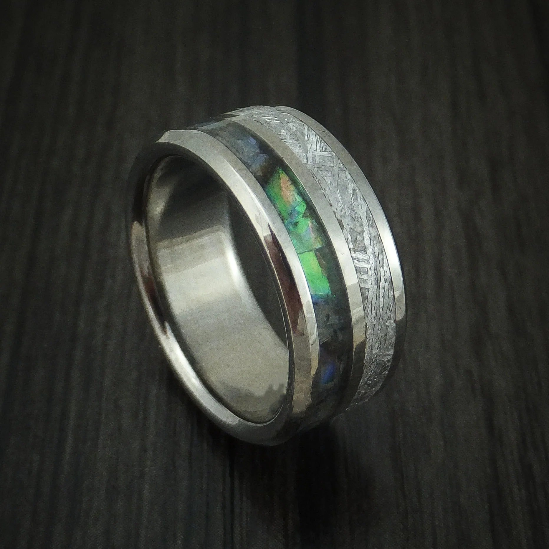 Titanium Men's Ring with Meteorite and Abalone Custom Made Band
