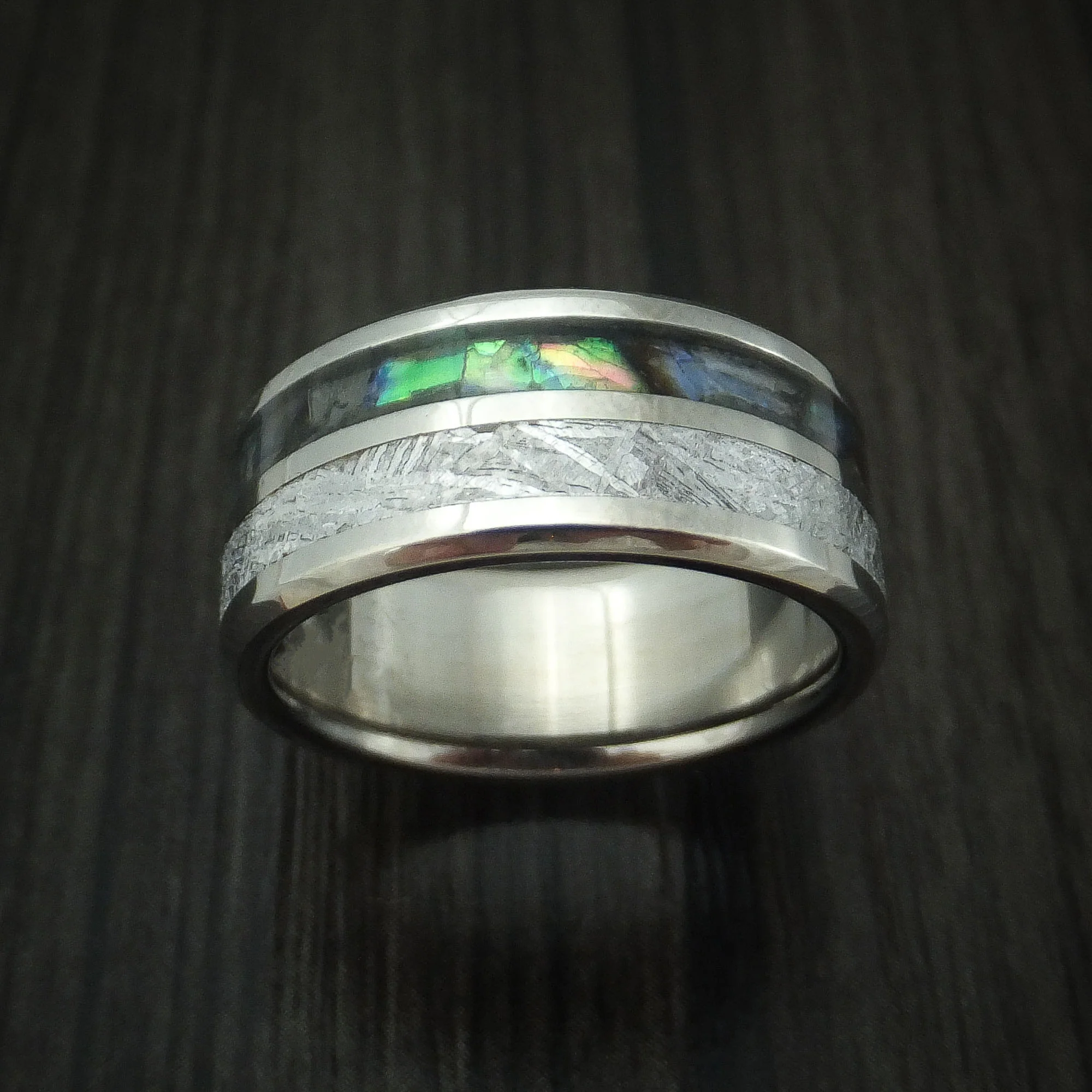 Titanium Men's Ring with Meteorite and Abalone Custom Made Band - Image 2