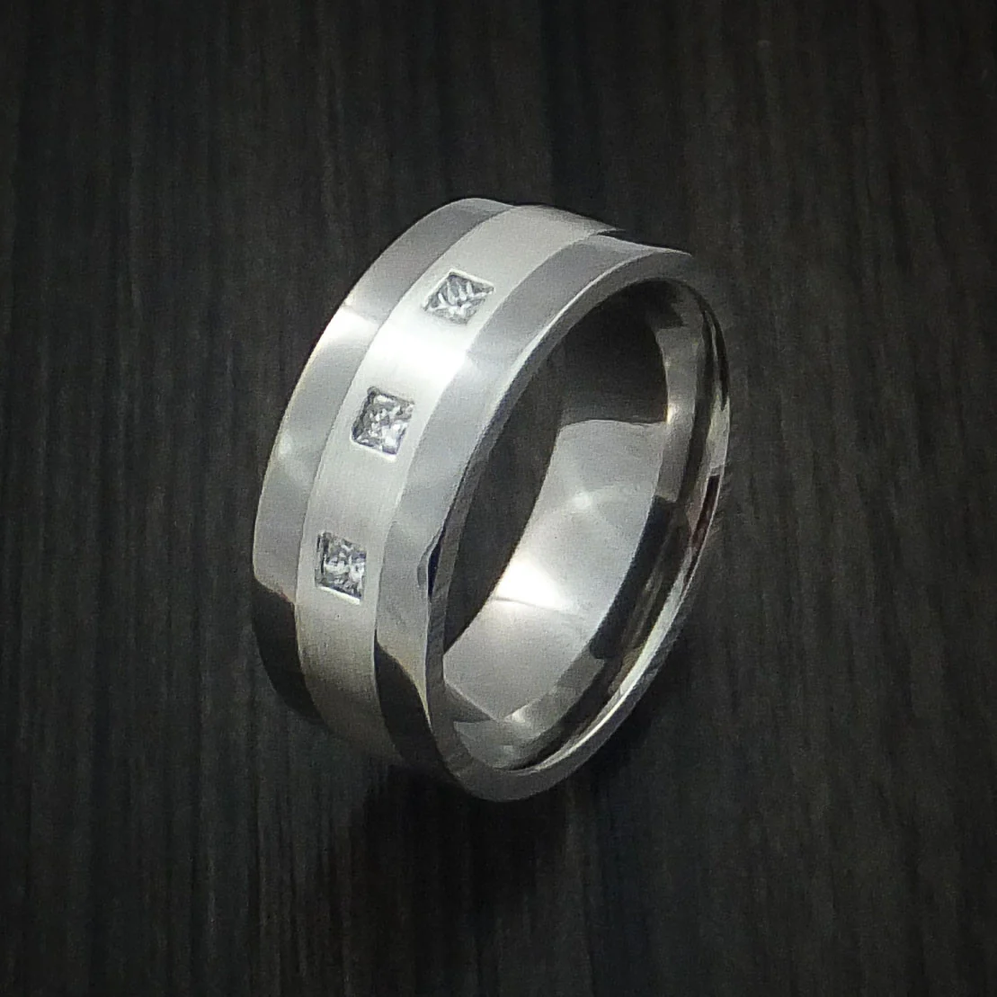 Titanium Men's Ring with Silver Inlay and Princess Cut Diamonds Custom Made Wedding Band - Image 4