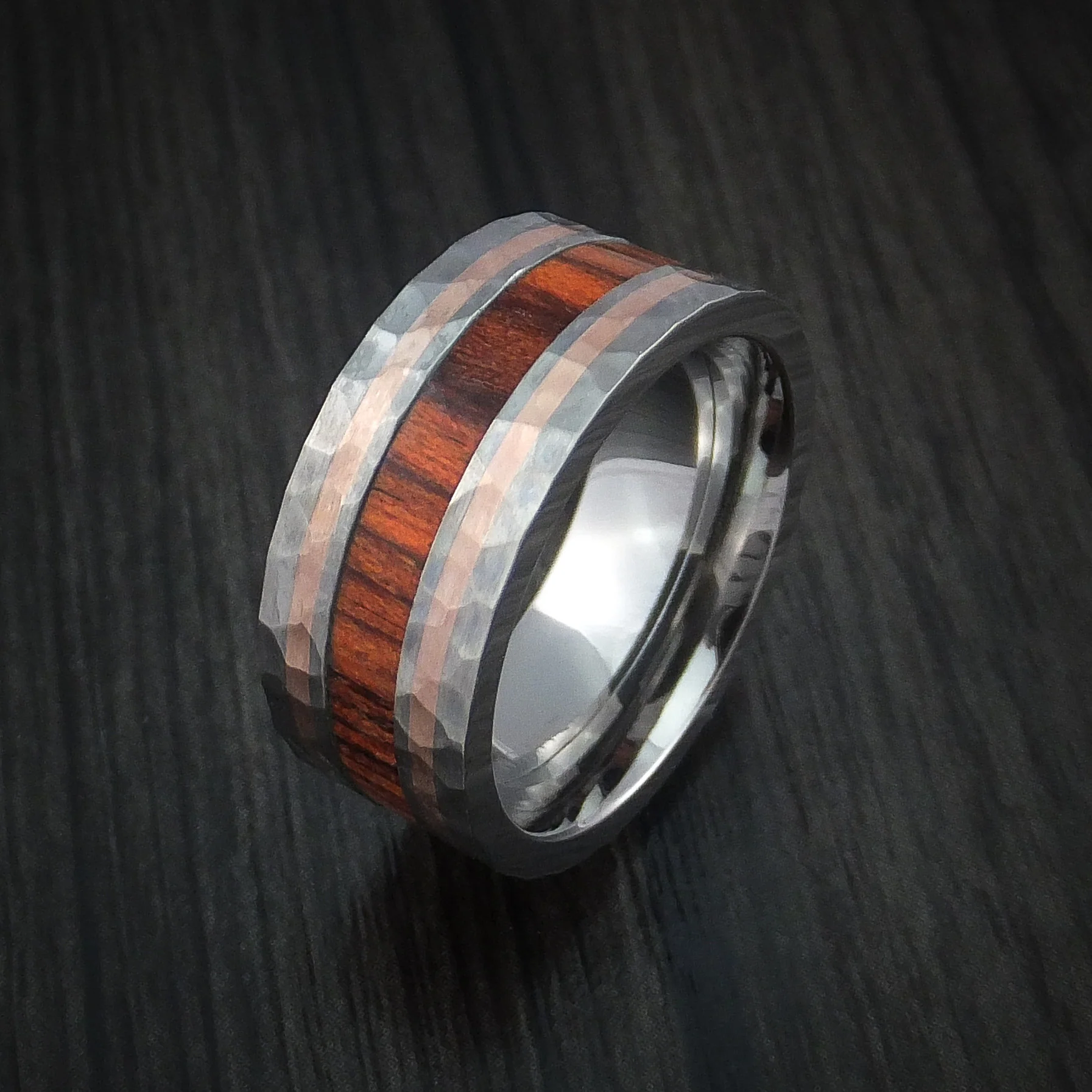 Titanium with 14K Rose Gold and Cocobolo Hardwood Hammered Men's Ring Custom Made Band - Image 4