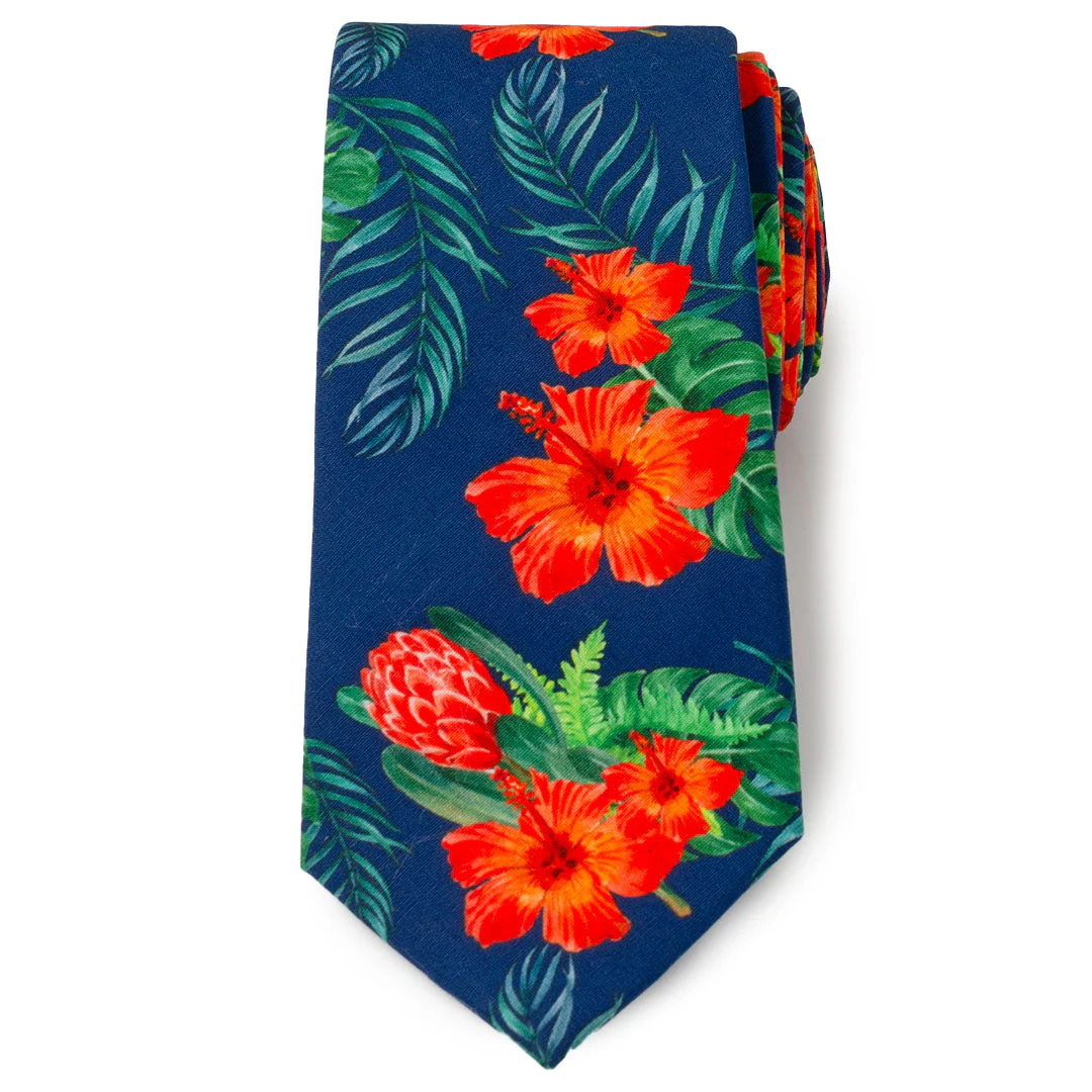 Tropical Hibiscus Men's Navy Tie - Image 3