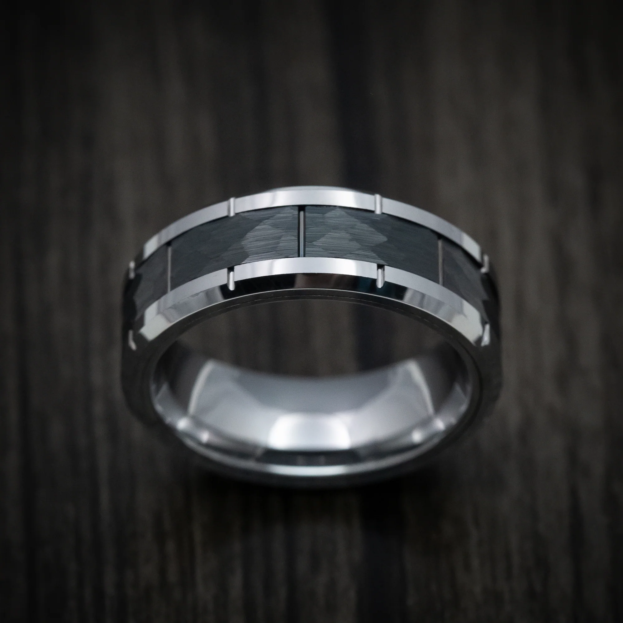 Tungsten and Black Tungsten Hammered Men's Ring - Image 2