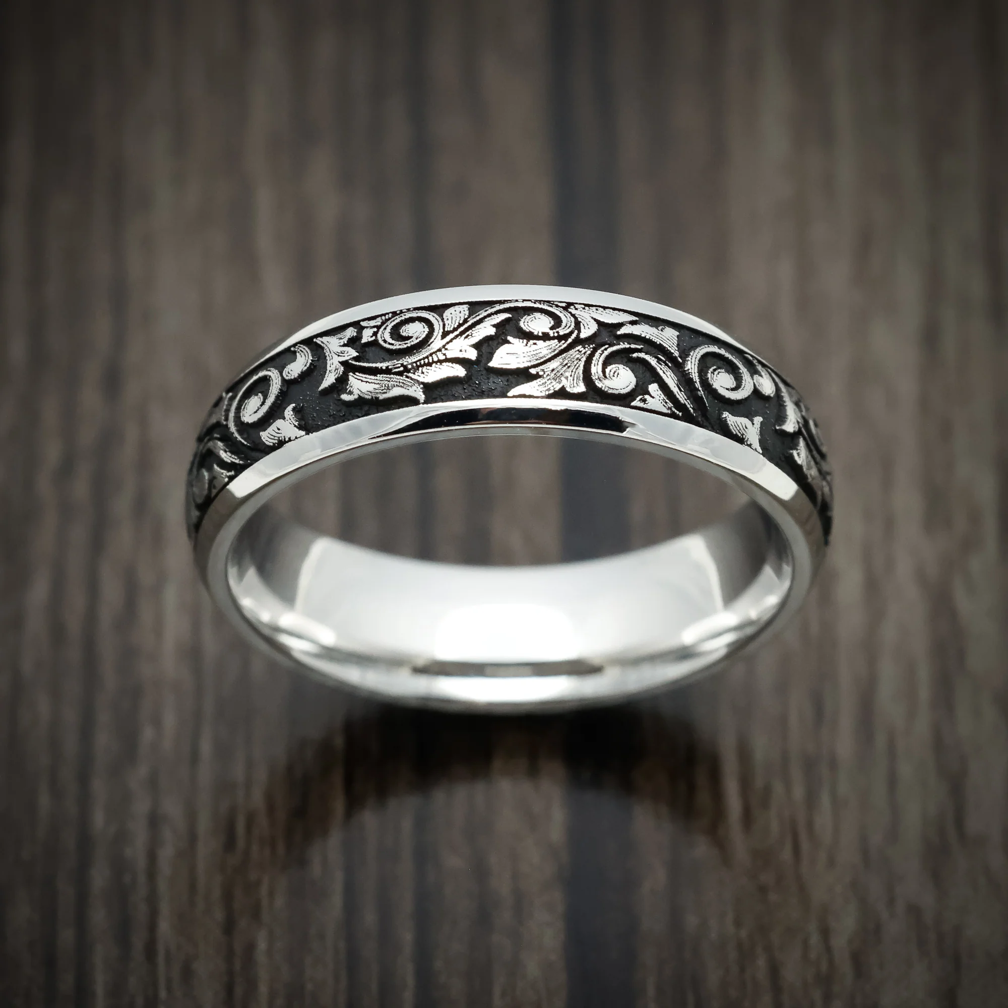 Cobalt Chrome Men's Ring with Floral Pattern Band - Image 2