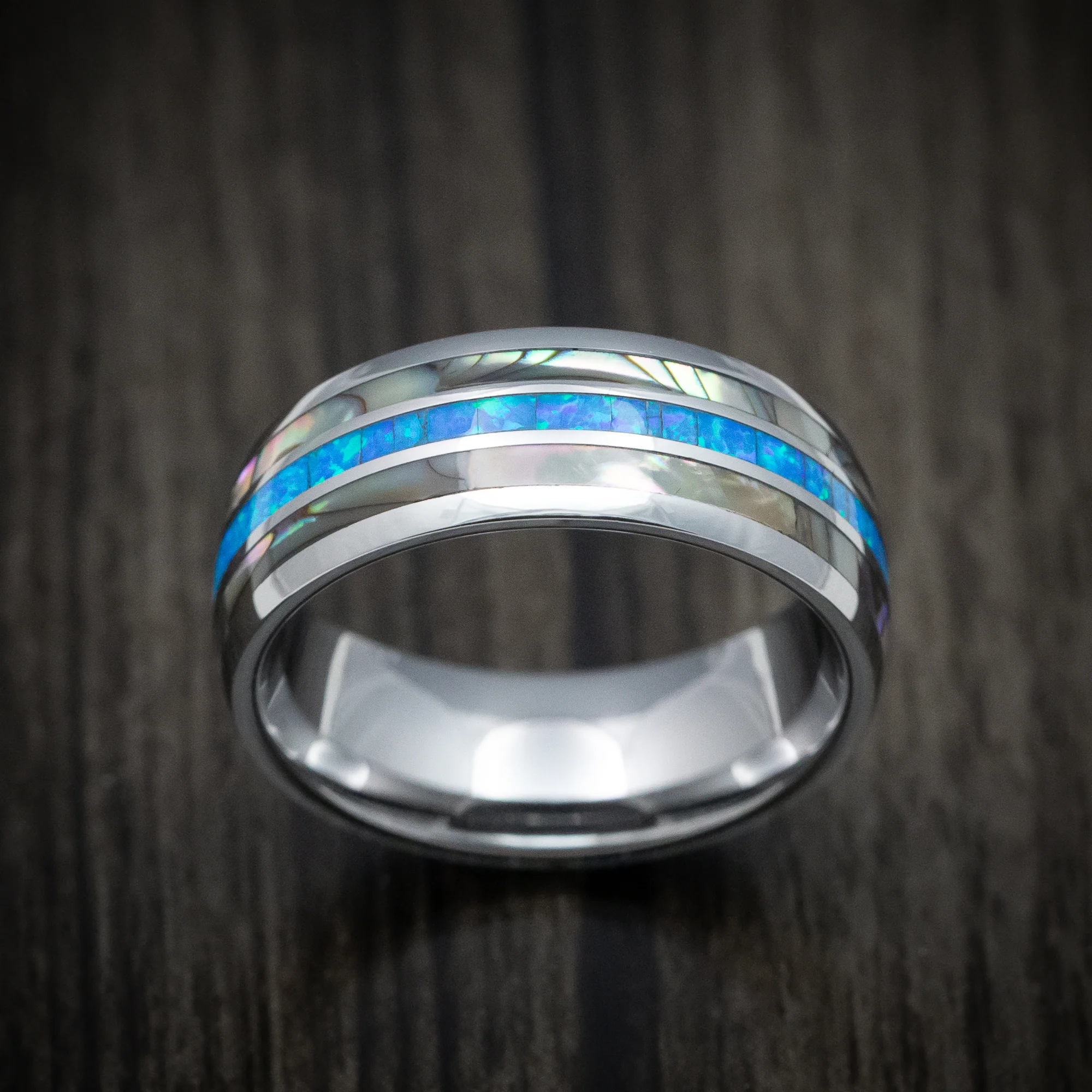 Tungsten Men's Ring with Opal and Mother of Pearl Inlays Band - Image 2