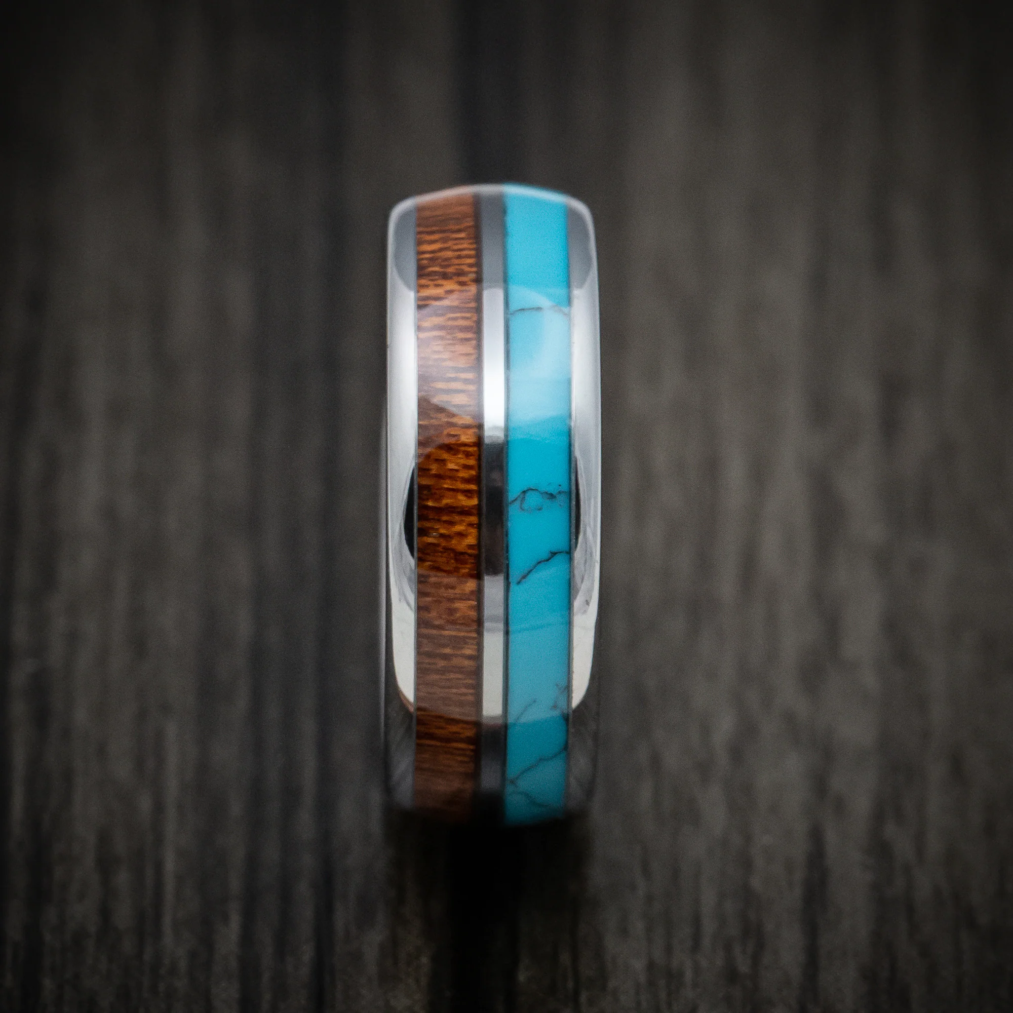Tungsten Men's Ring with Turquoise and Koa Wood Inlays Band - Image 3