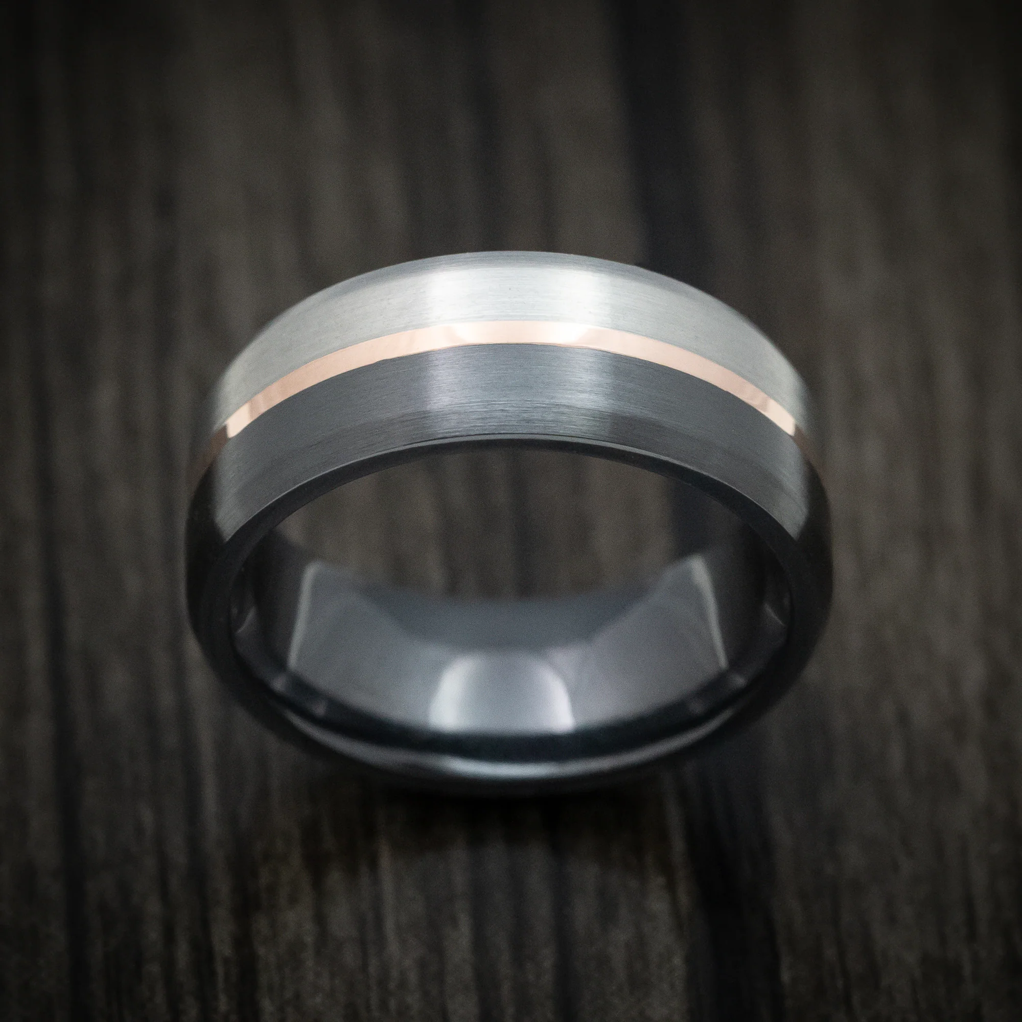 Two-Tone Black and Silver Zirconium with 14k Gold Inlay Custom Men's Ring - Image 2