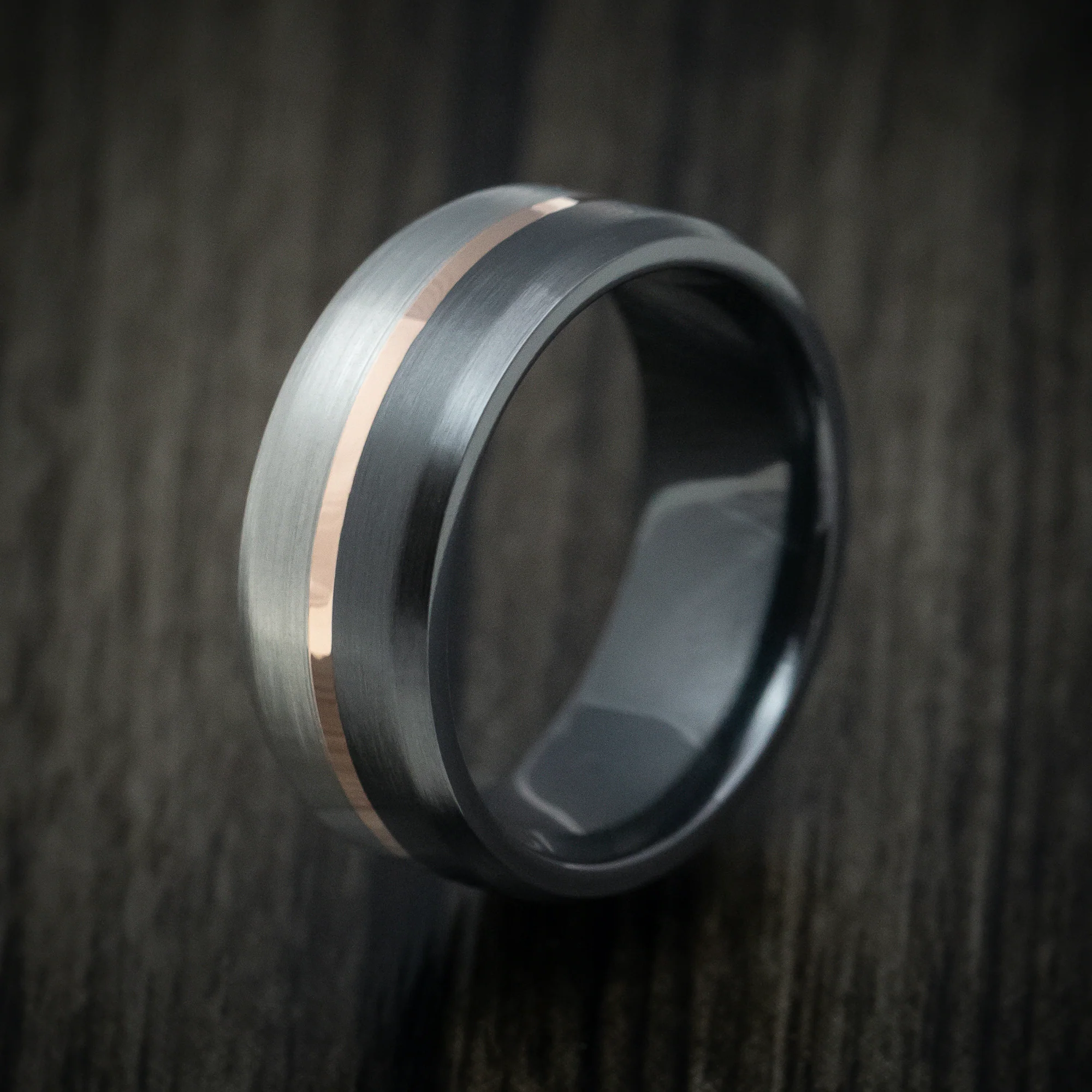 Two-Tone Black and Silver Zirconium with 14k Gold Inlay Custom Men's Ring - Image 4